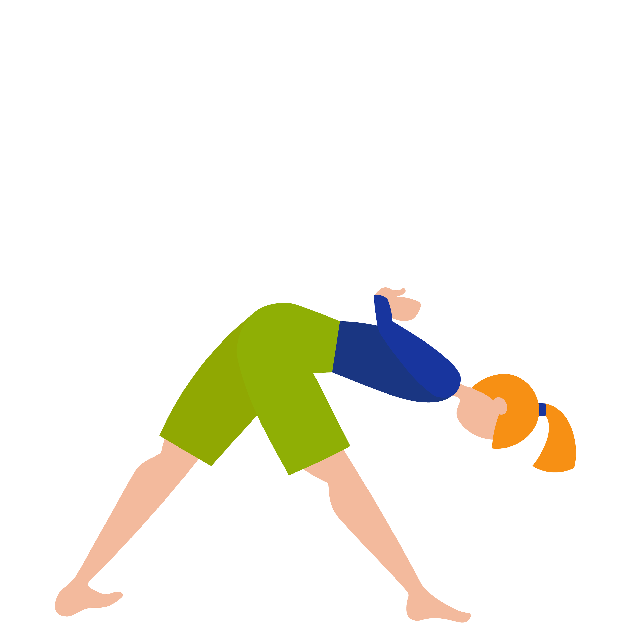 Drawing of a person holding a phone, wearing green shorts and a yellow shirt.