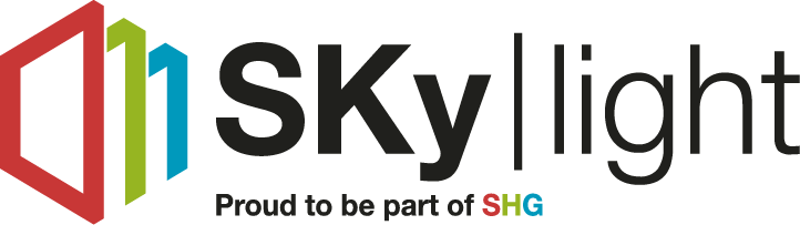 SkyLight logo with a stylized 3D geometric shape in red, green, and blue, and the text 'SkyLight' in black, with the slogan 'Proud to be part of SHG' below in multicolor.