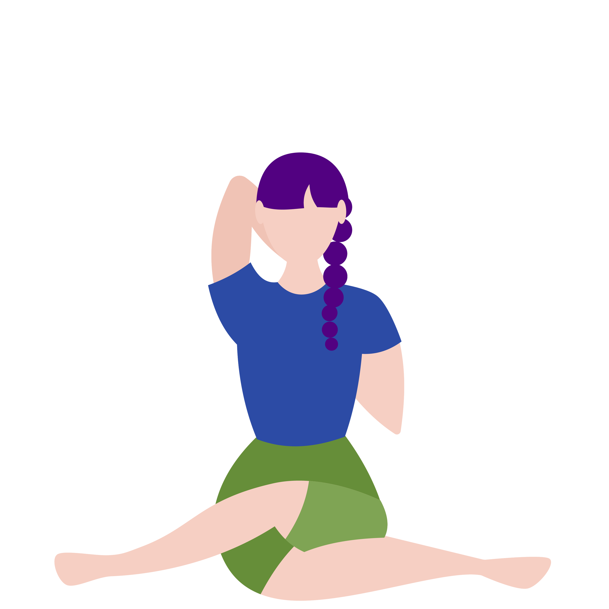 Illustration of a woman with purple hair, wearing a blue shirt and green shorts, sitting with one knee up and one arm resting on her head.