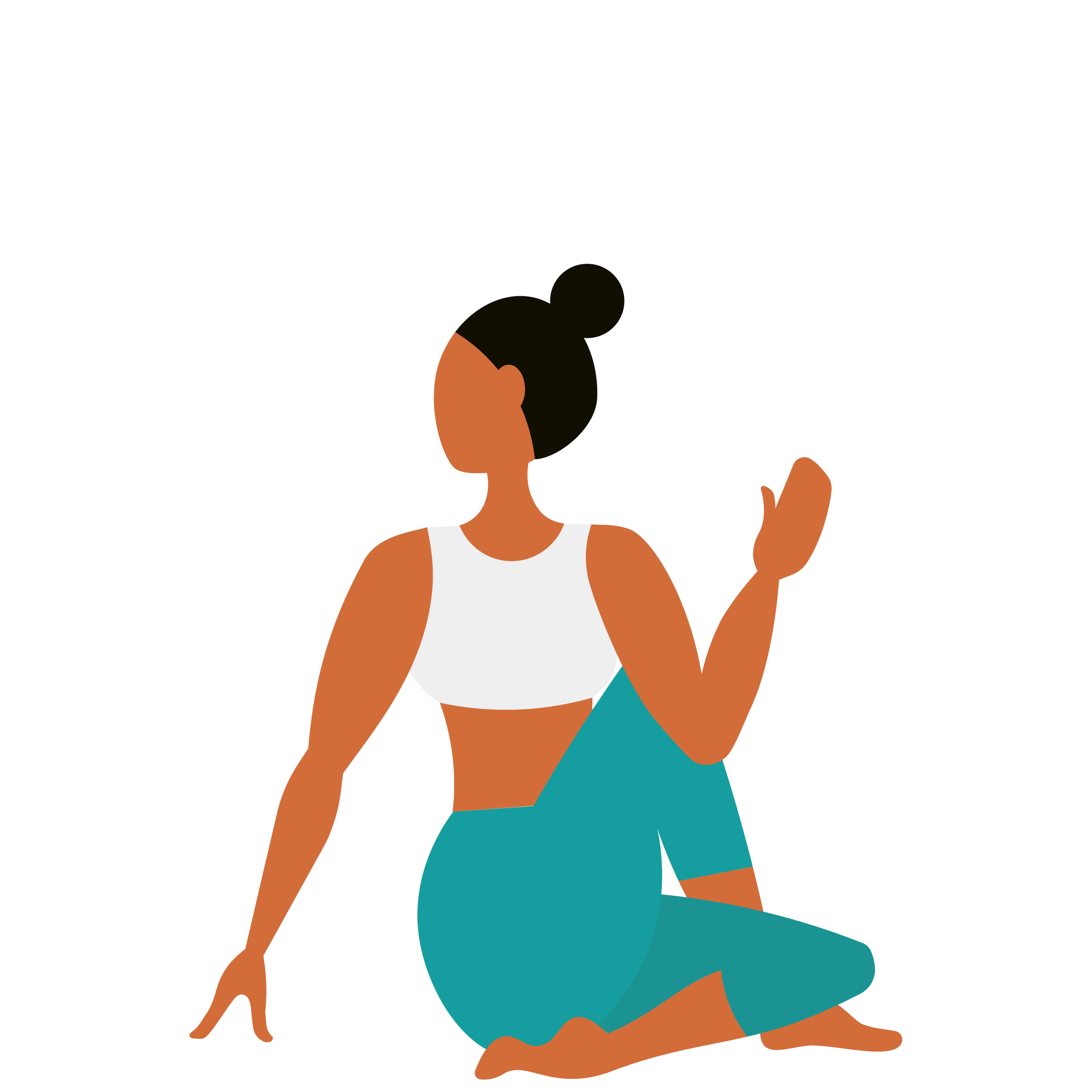 A cartoon illustration of a woman with dark curly hair tied up in a bun, wearing a white tank top and teal shorts, kneeling and talking on a cell phone, with a small dog standing next to her.