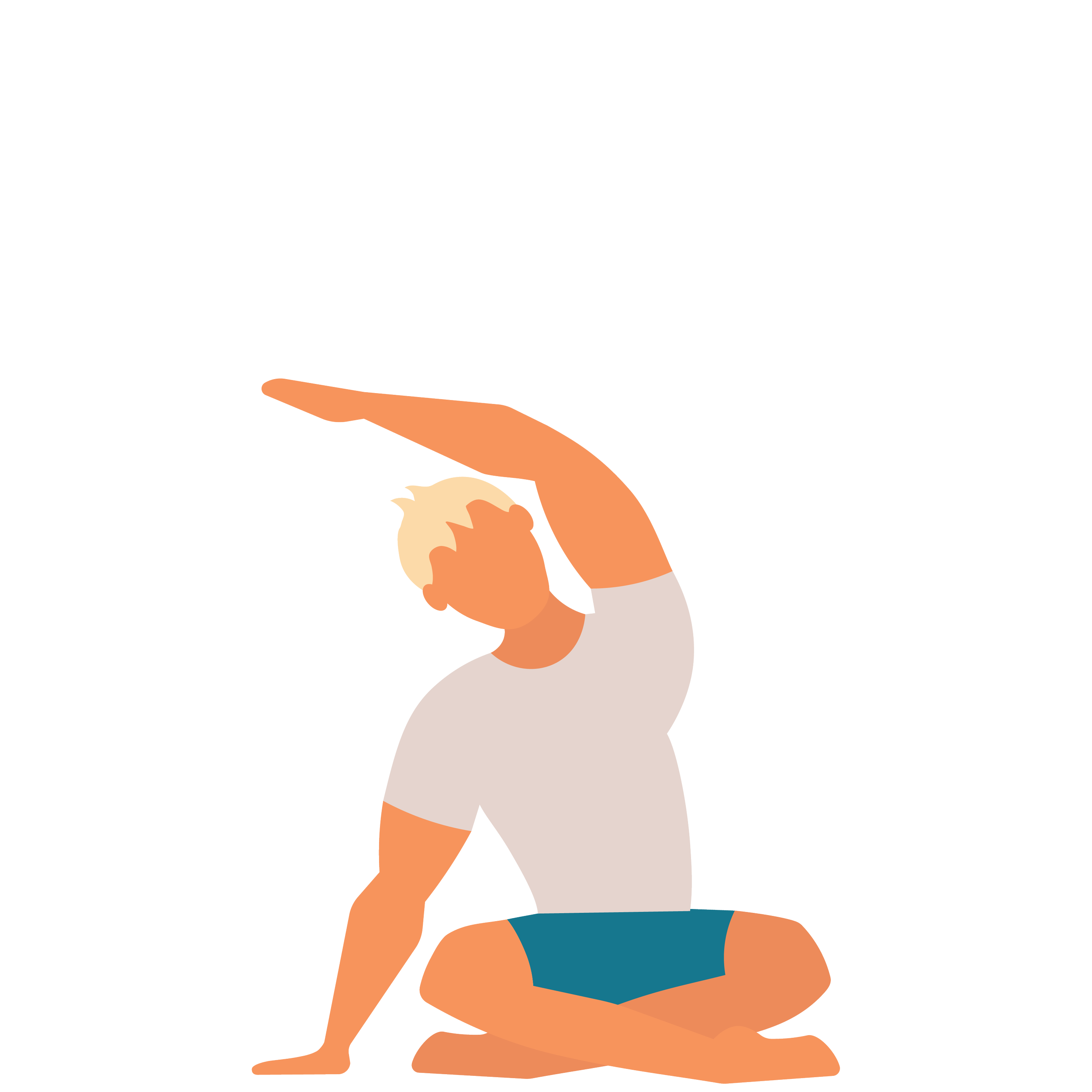 A person sitting cross-legged on the ground, wearing a blue top and orange shorts, with arms resting on knees and hands clasped.