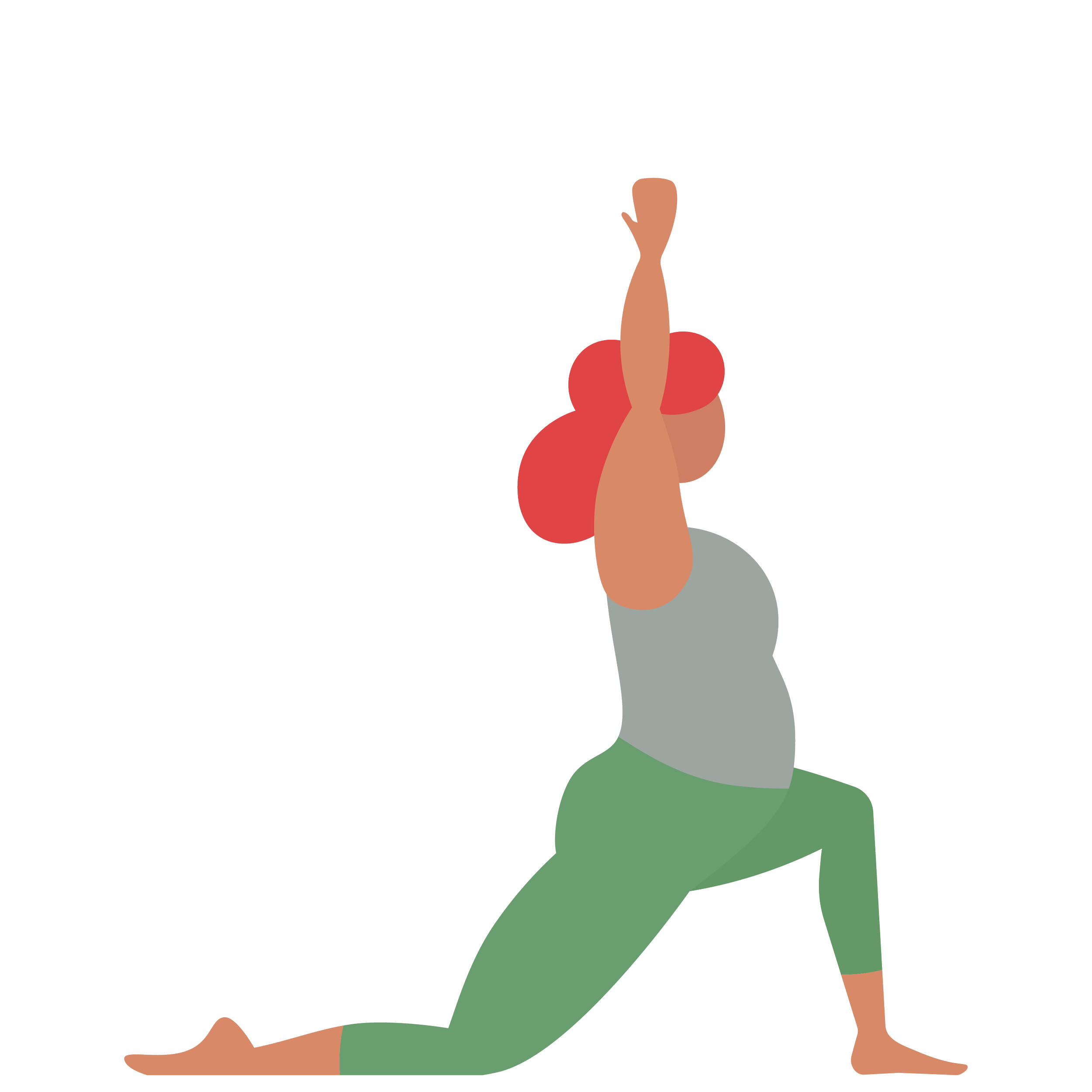 Illustration of a person performing a yoga pose, kneeling on one knee with the other leg extended back, arm raised and bent at the elbow, wearing a red top and gray pants.