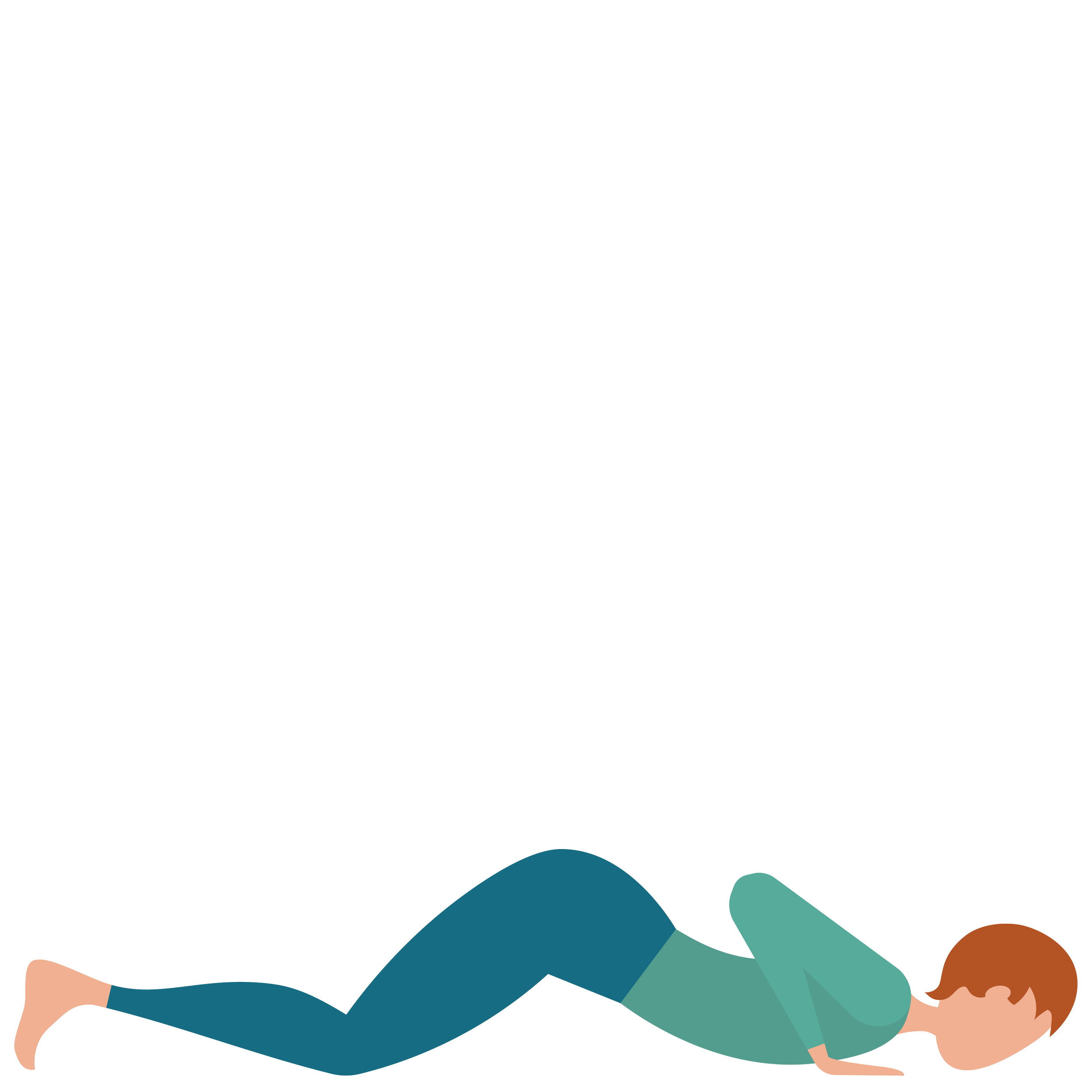 A person is lying down on their stomach with arms stretched out, wearing a dark blue top and light-colored pants, on a multicolored, abstract background.