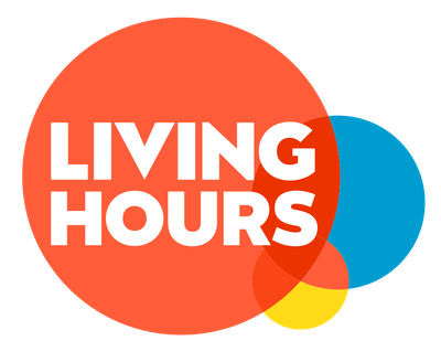 Colorful overlapping circles with the words 'LIVING HOURS' in white text inside the largest red circle.
