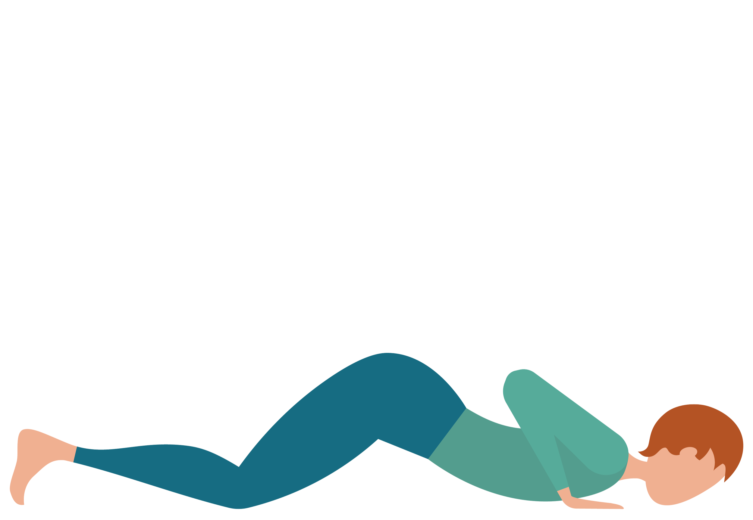 Illustration of a person lying on their stomach on the ground, reaching out with one arm, with various colored shapes and abstract designs in the background.