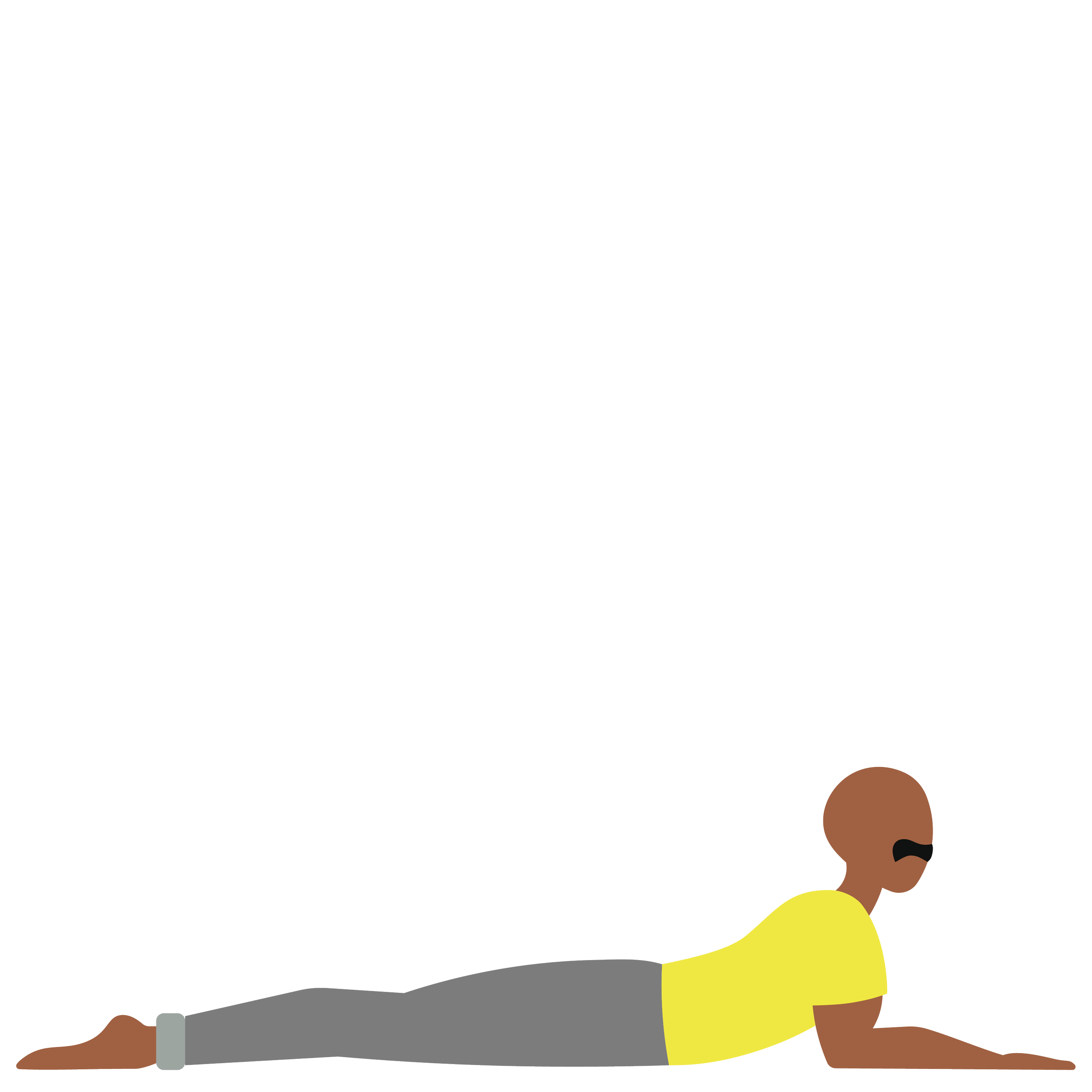 A person with dark skin and short hair wearing a yellow shirt and gray pants is doing a seated forward bend stretch on the floor, with legs extended and hands reaching toward the toes.