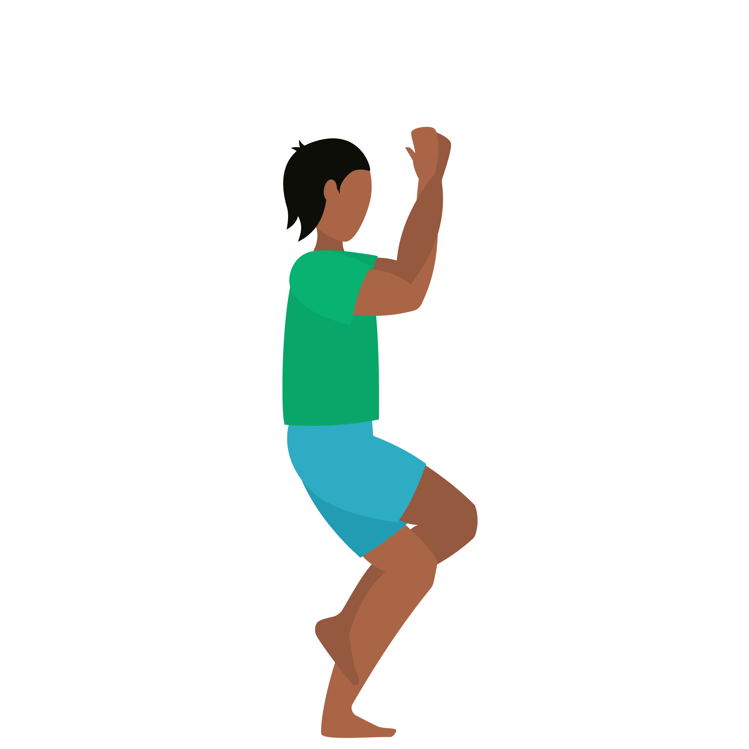 Illustration of a person with dark skin and short black hair, wearing a green shirt and blue shorts, kicking a white paper or object.