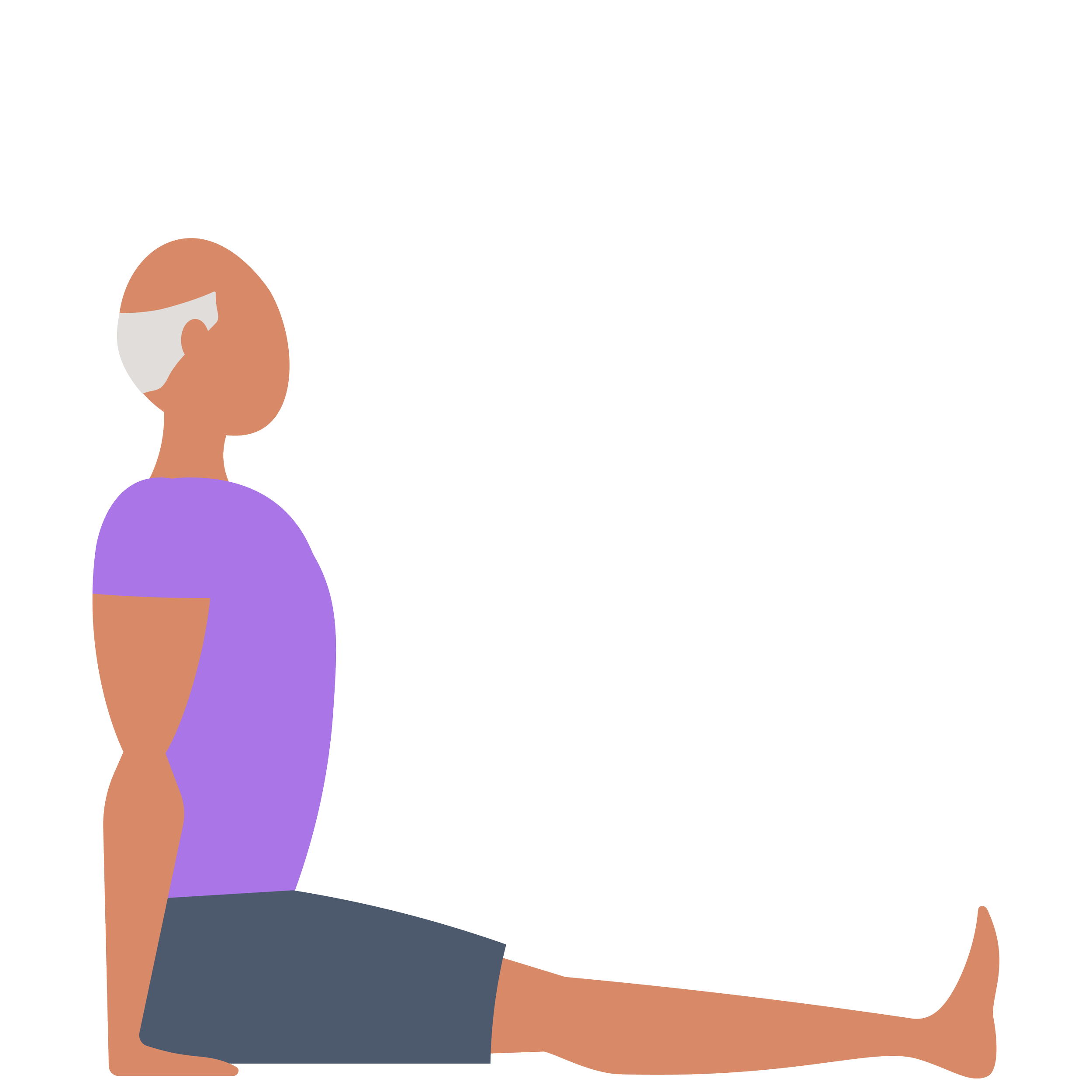 Illustration of a person with short hair, earrings, purple top, and dark-colored shorts, viewed from the side, sitting at a desk with a computer monitor in front.