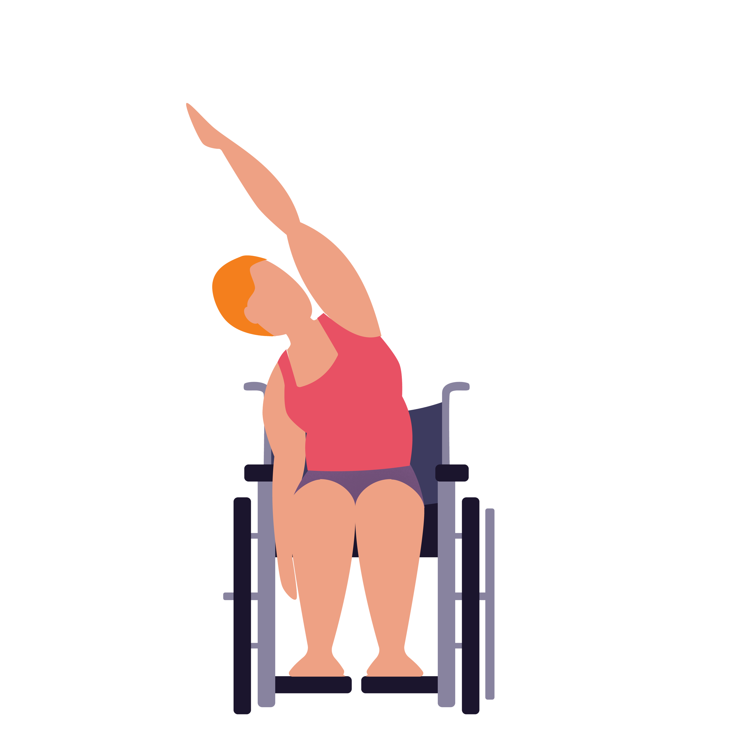 An illustration of a person with orange hair sitting on a bathroom or medical examination table, wearing a pink top and purple shorts, raising their right hand with an open palm.