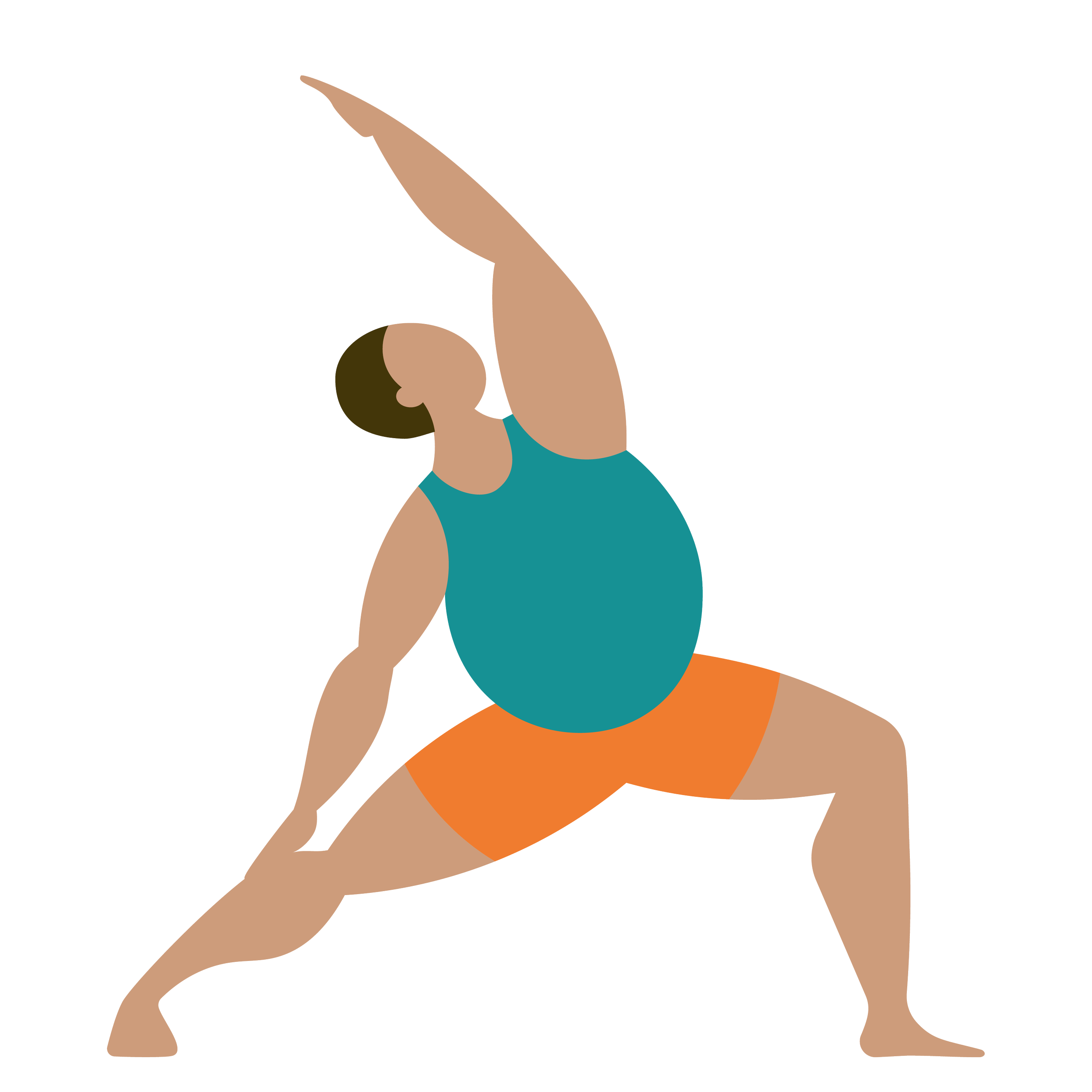 An illustration of a woman with brown hair practicing yoga, kneeling on one knee, with one arm extended upward