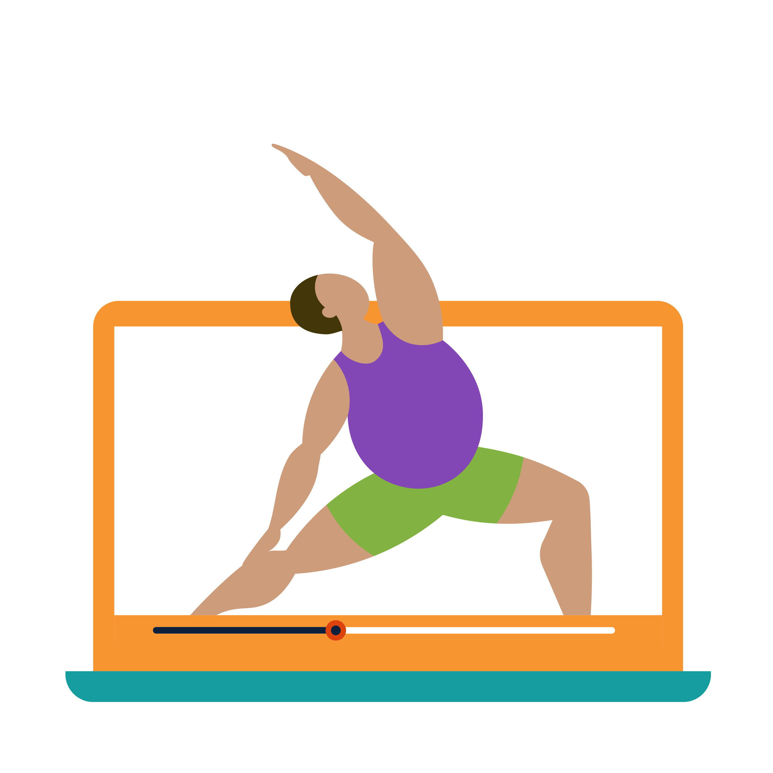 Person exercising on a yoga mat, holding one leg up with arm extended, in front of a television screen.