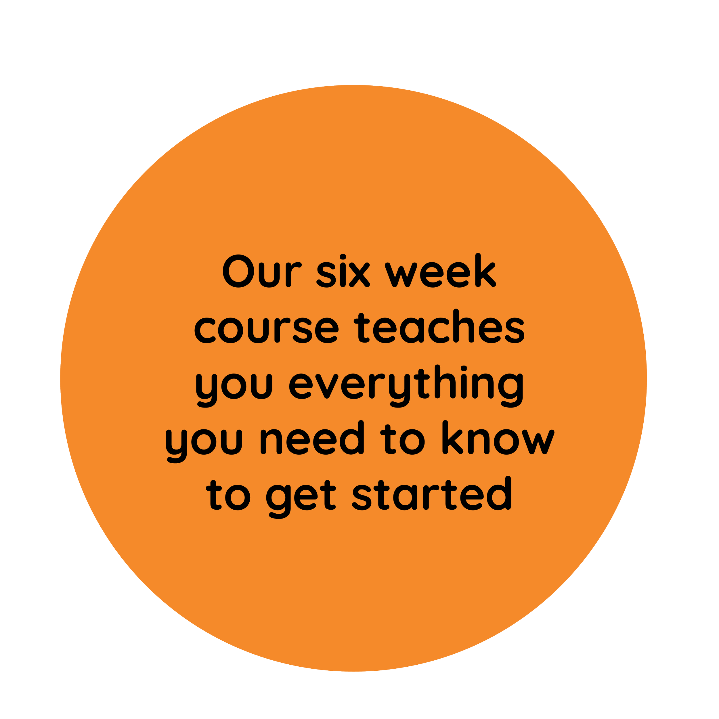Orange semi-circle with black text reading "Our six week course teaches you everything you need to know to get started".