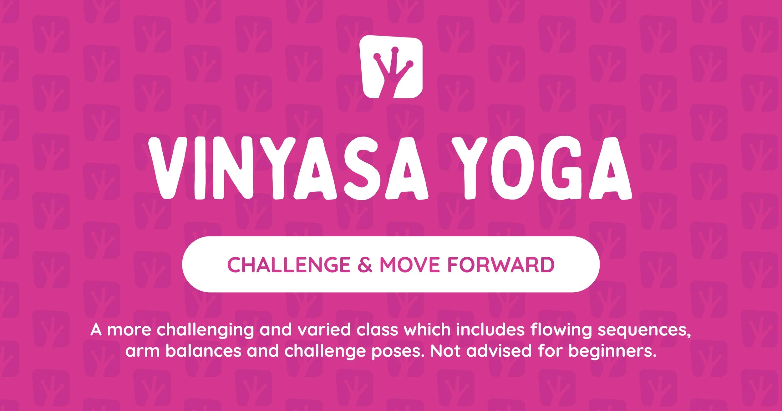 Pink background with yoga challenge logo and text saying 'Vinyasa Yoga Challenge & Move Forward'.