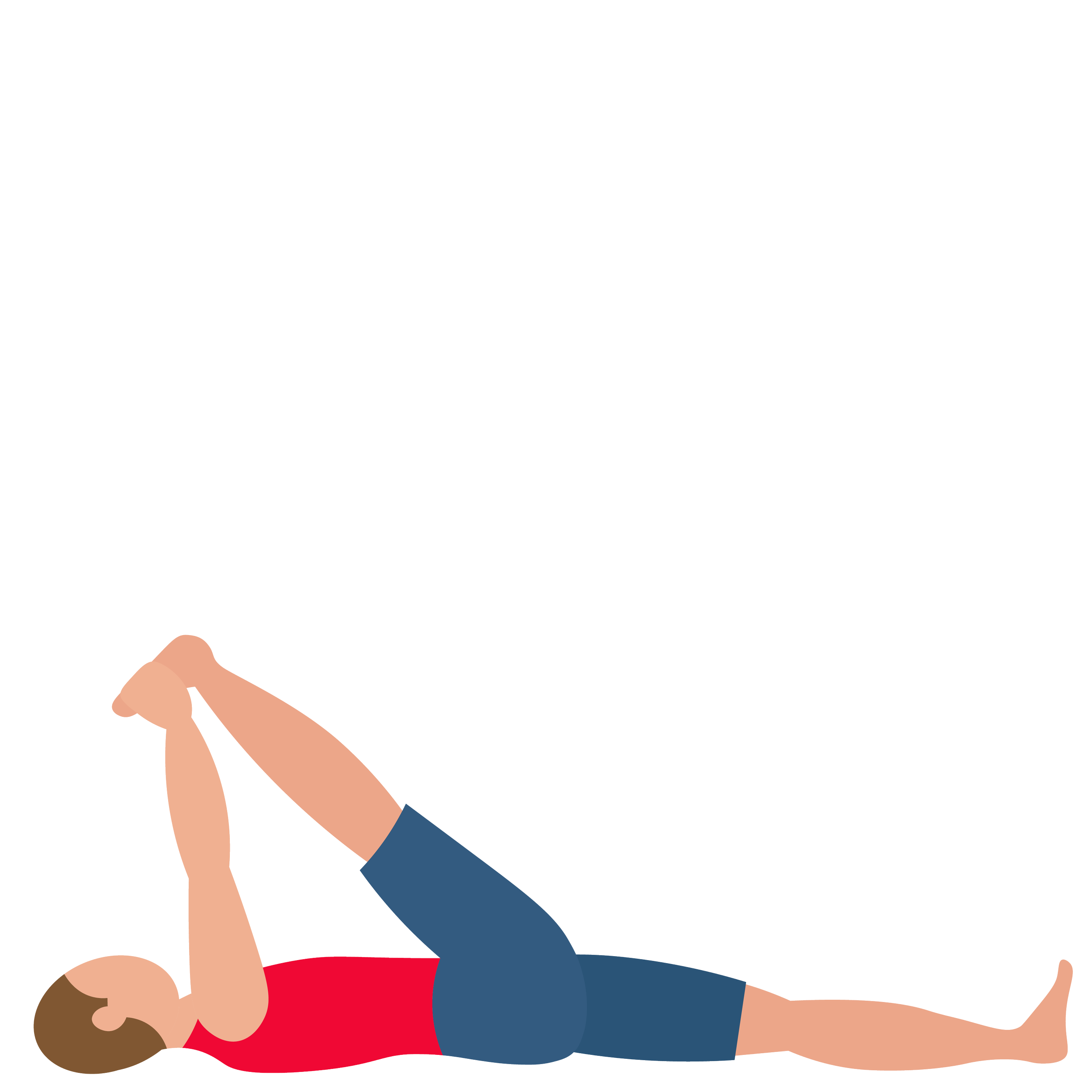 A cartoon illustration of a woman with brown hair lying on her back on the floor with her eyes closed, wearing a red top and blue shorts, with a man in a blue shirt and dark pants lying above her on her stomach, also with their eyes closed.