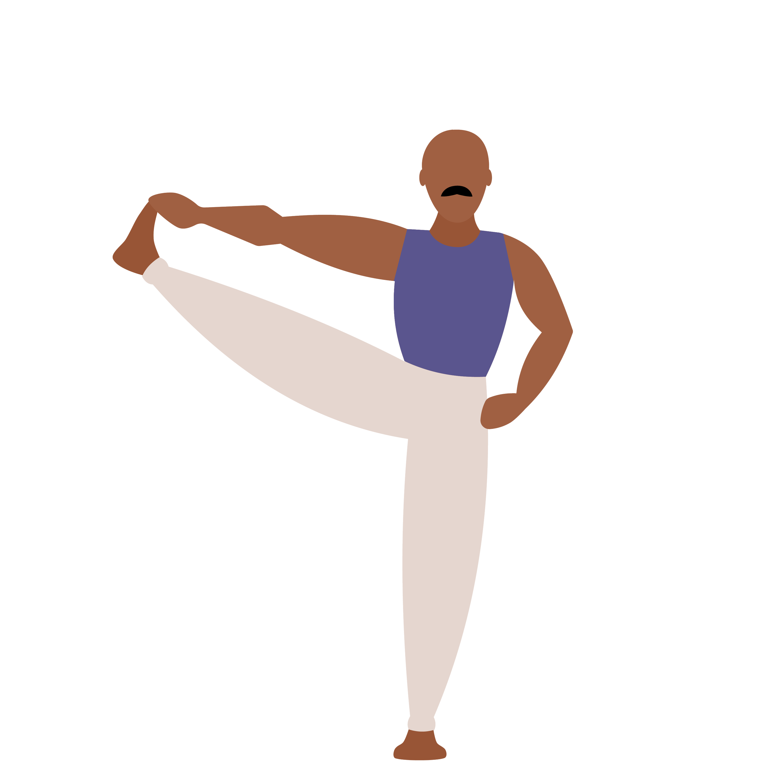 A cartoon of a man with dark skin and a bald head, wearing a blue tank top, standing with one arm resting on a beige surface.