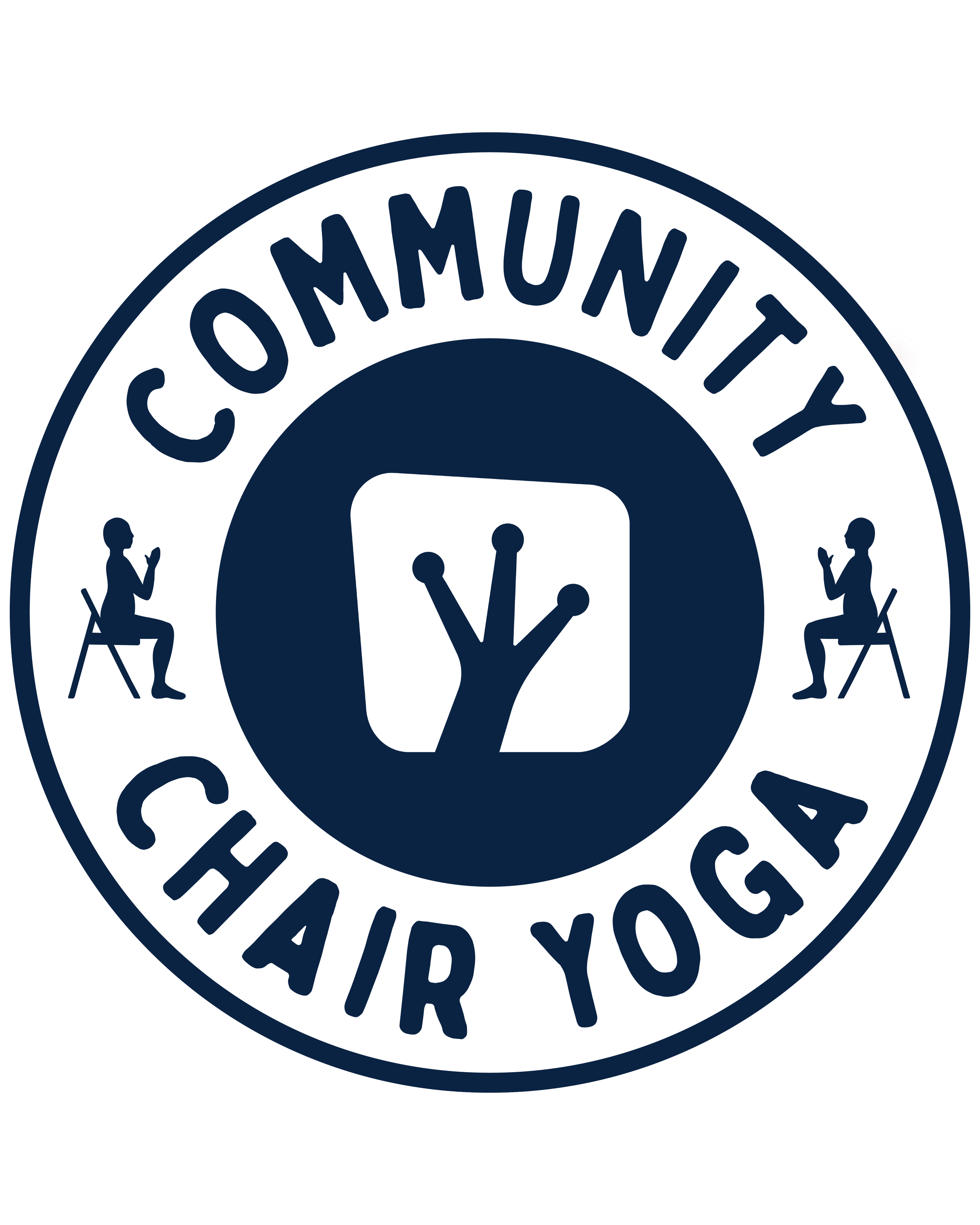 Close-up of a circular logo with the text 'COMMUNITY VOLUNTEER' around the top edge, featuring a stylized tree and two human figures seated and gesturing.