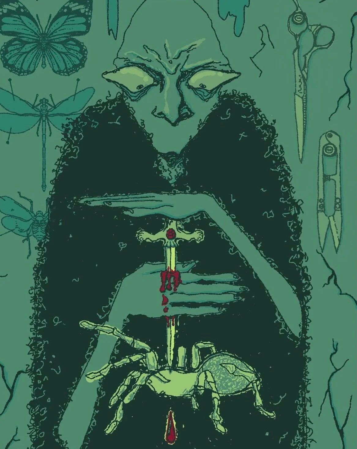 Piece titled "The collector" using monochromatic green colors with a dash of red. 

Digital Illustration 
Piece 1 of 2