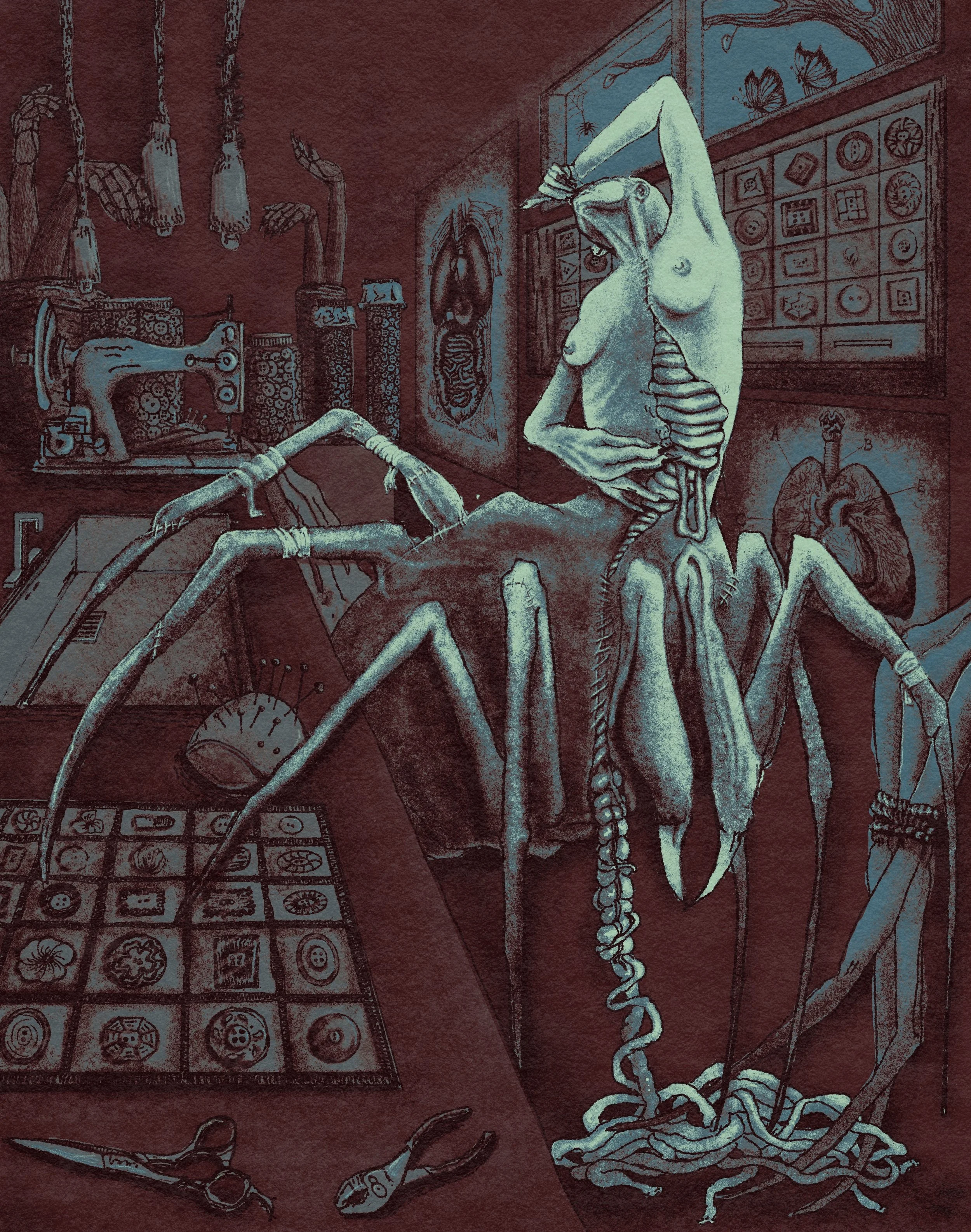"The Weaver". Piece is meant to illustrate the feeling of fixing yourself back up again, as grueling as it may seem.

Digital Illustration 
