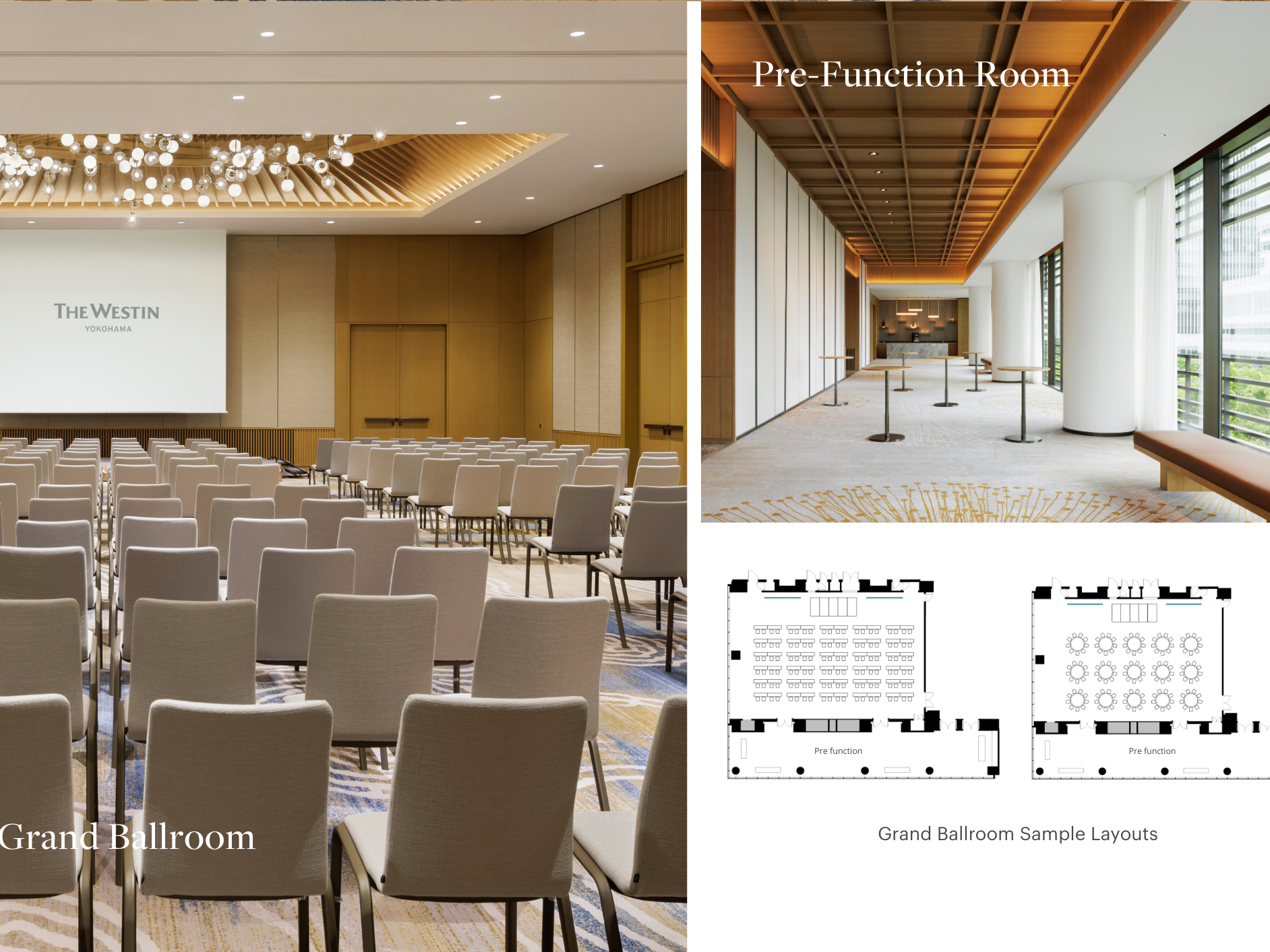Images of two hotel event rooms with wooden paneling, lighting, and seating. The left room is set up for a presentation or conference with rows of chairs facing a large screen that reads "The Westin Yokohama." The right room, labeled "Pre-Function Room," has a modern design with tables and large windows, with sample layout diagrams of a grand ballroom.