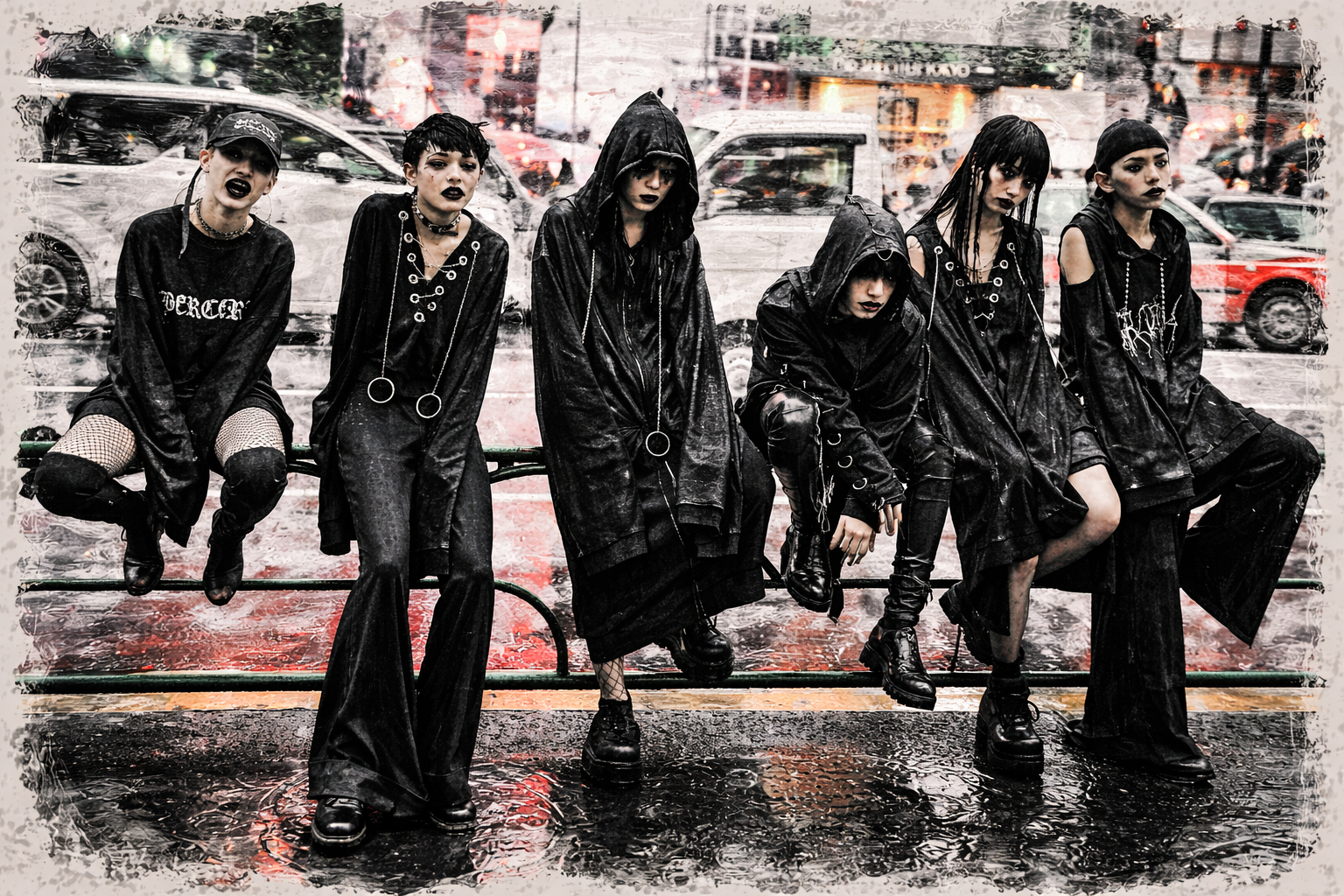 stylish goths on a rainy street