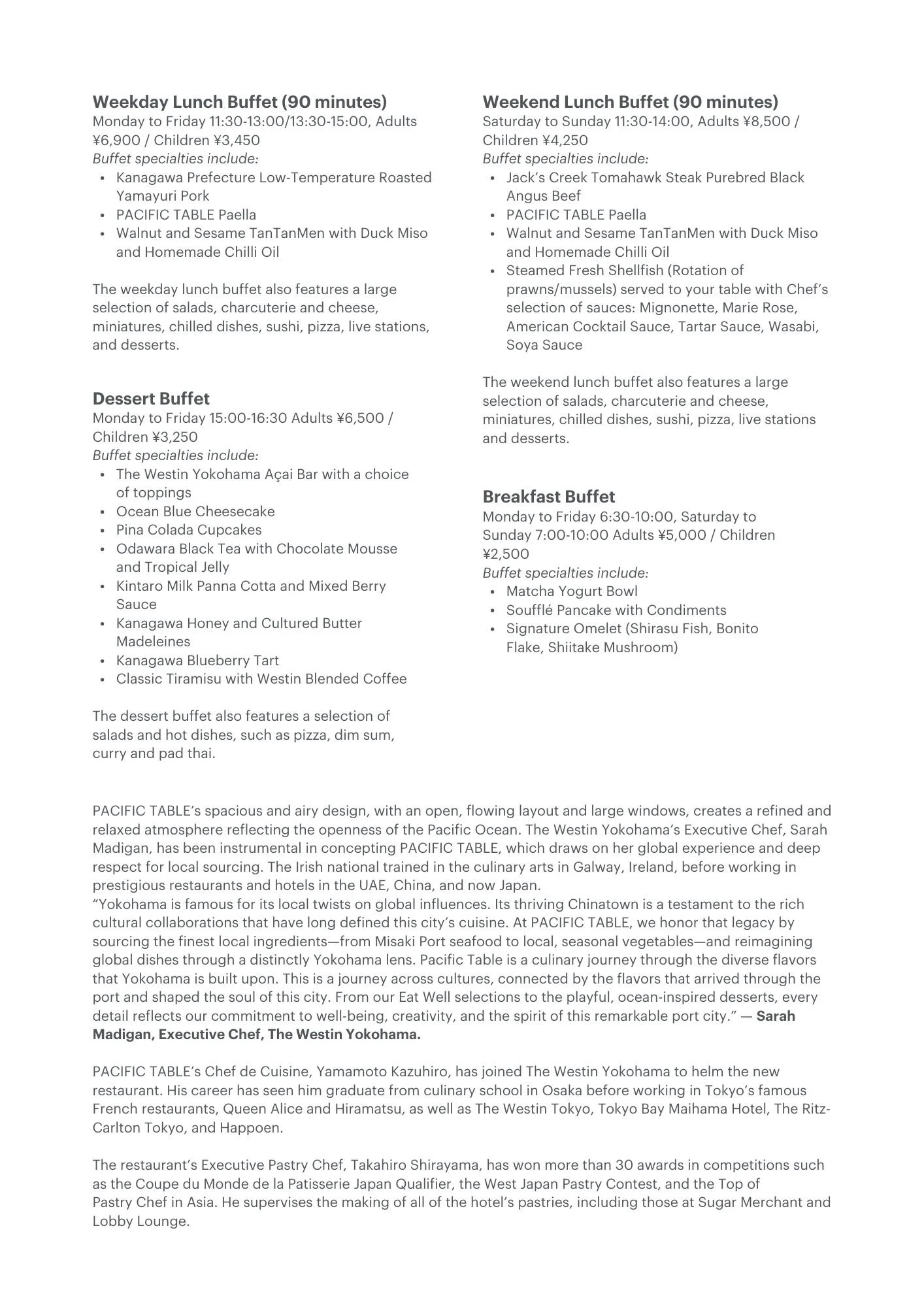 Menu listing various lunch buffets, desserts, and breakfast options at a restaurant, including specific dishes, prices, and descriptions.