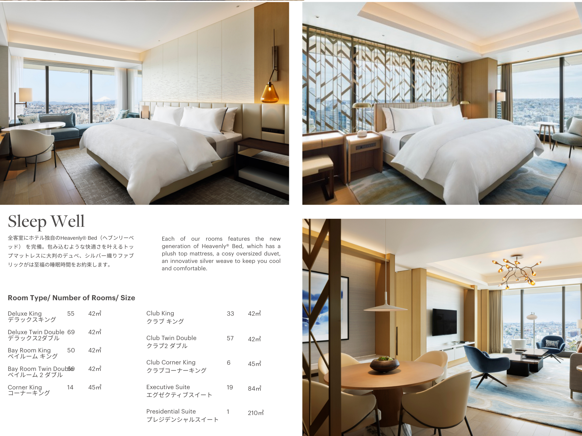 Three hotel rooms and a living area with modern furniture, large windows with city views, and light-colored decor.