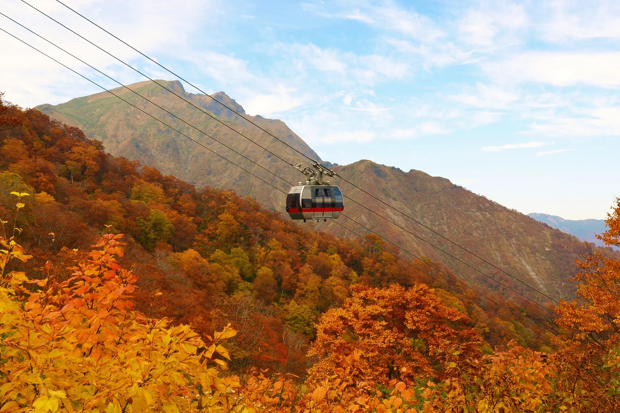 A cable car traveling through a mountainous landscape with trees in fall colors.