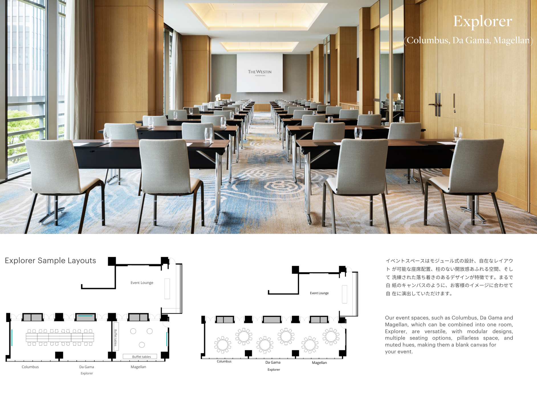 Empty conference room with rows of tables and chairs, glasses on the tables, large windows on the left, and a screen at the front displaying 'The Westin Yokohama'.