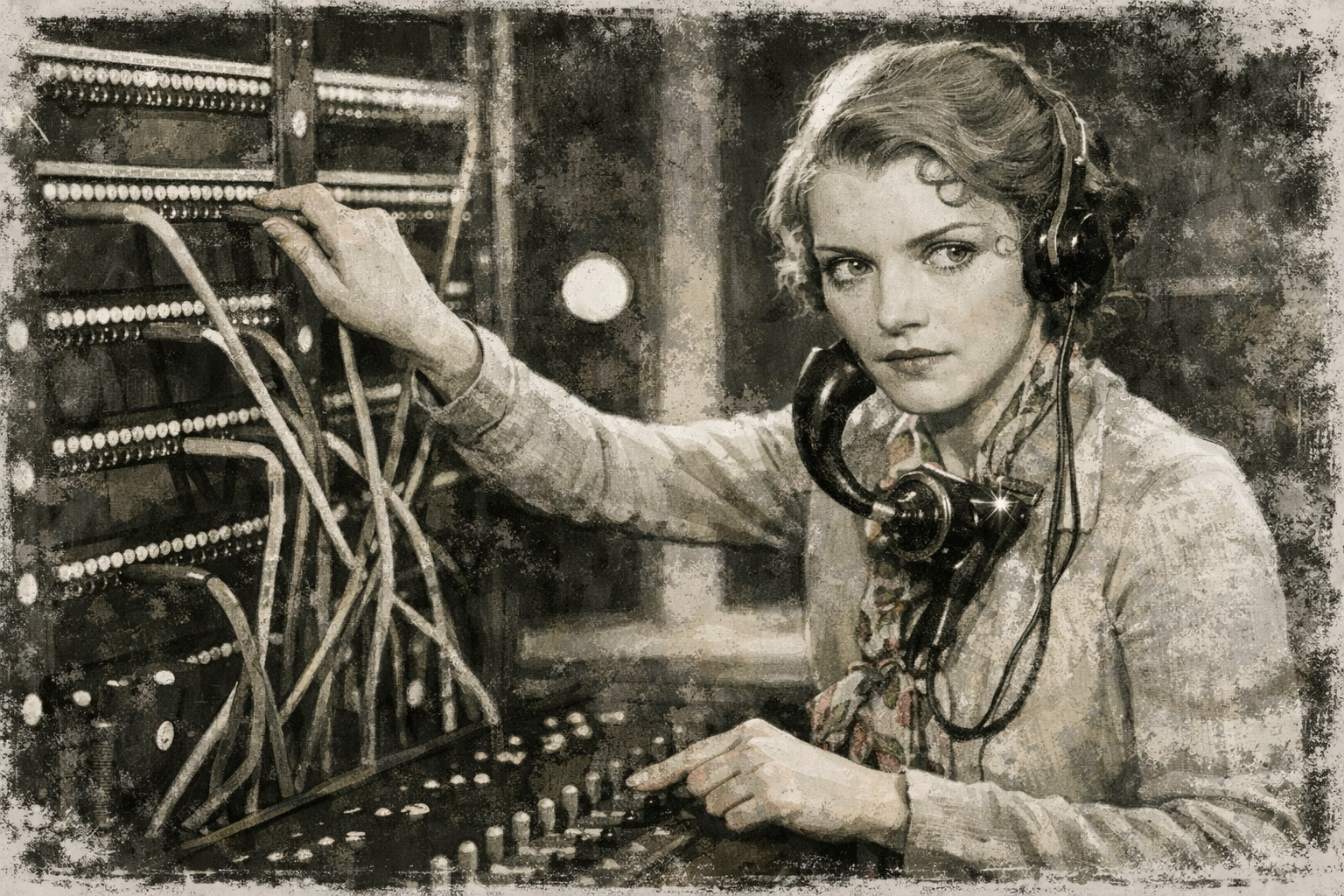 Black and white photo of a woman working on vintage telecommunications equipment, wearing headphones and pointing to switches or dials.