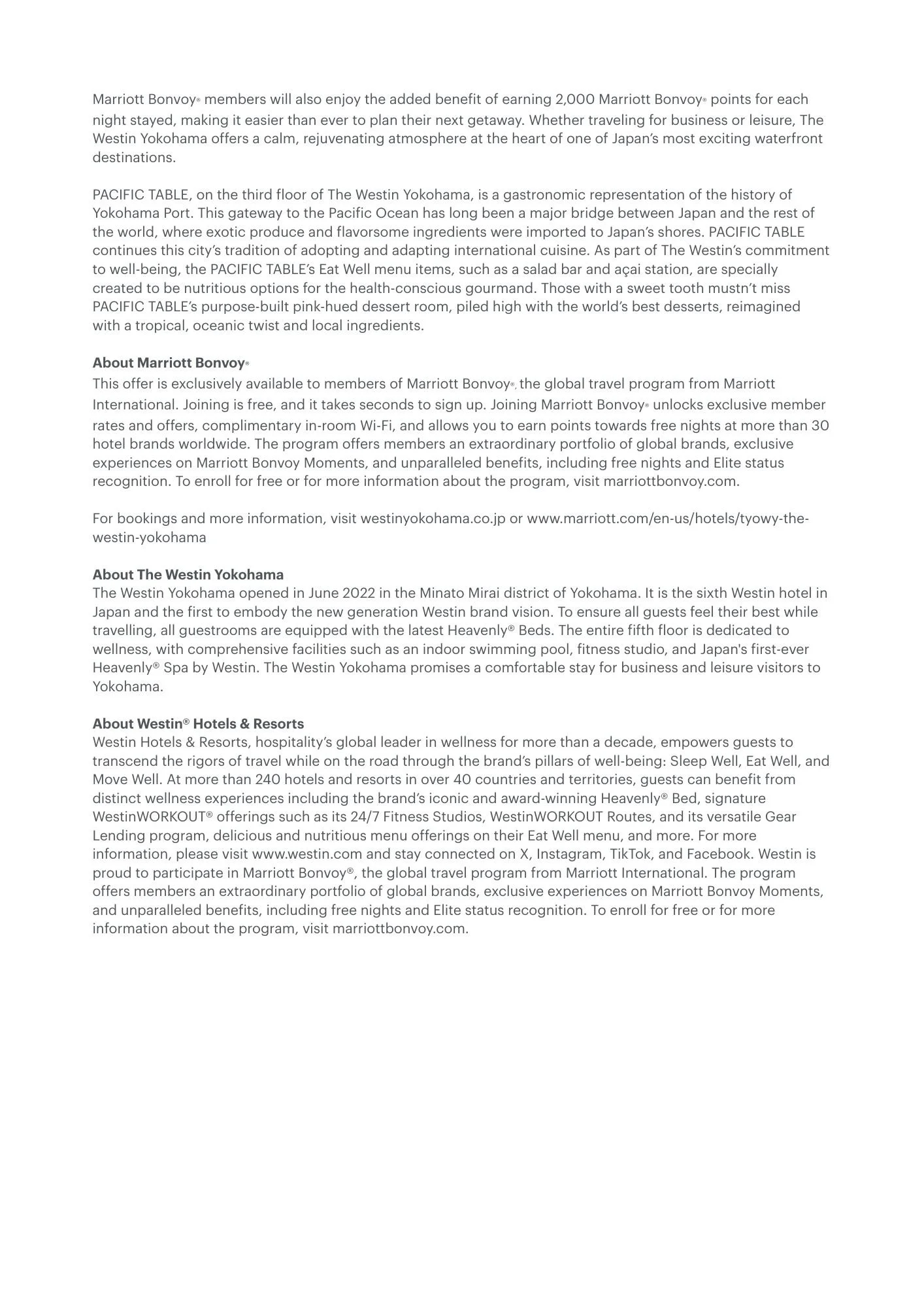 Text content about Marriott Bonvoy benefits, Pacific Table restaurant, and Westin Yokohama hotel, including details on programs, amenities, and location.