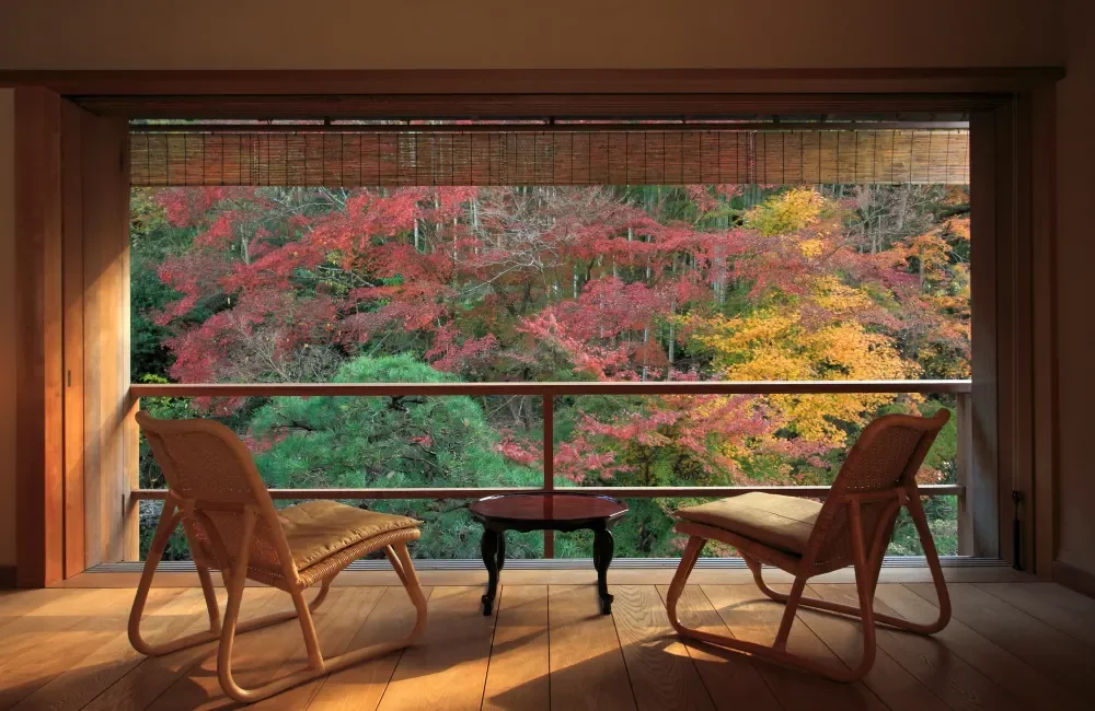 Two chairs and a small table on a balcony overlook a forest with colorful autumn foliage.