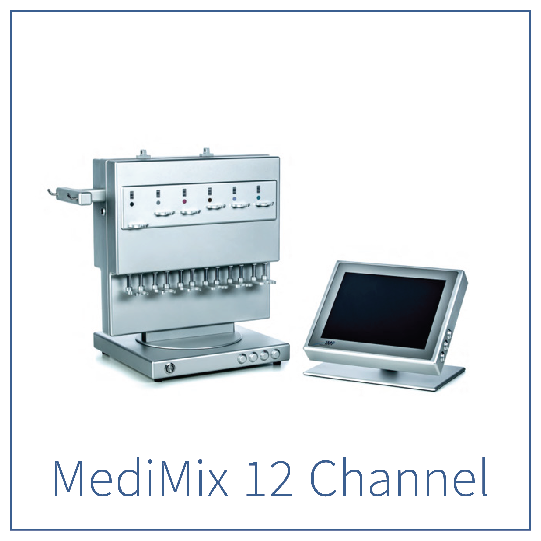 An electronic medical device with a series of switches and a monitor, with text indicating it is from MedMix 12 Channel.