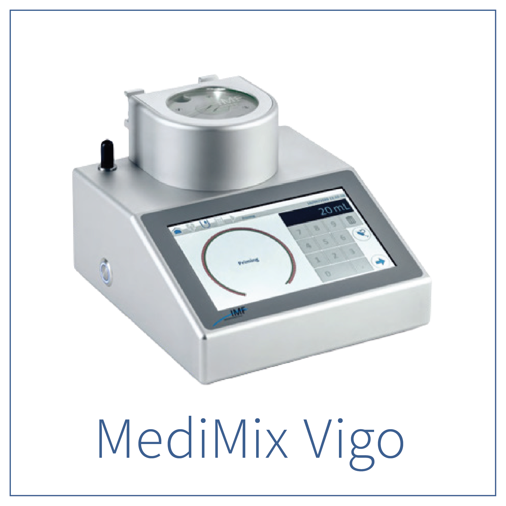A medical device with a digital screen, buttons, and a ring showing a circular design. The device also has a metallic circular component on top.