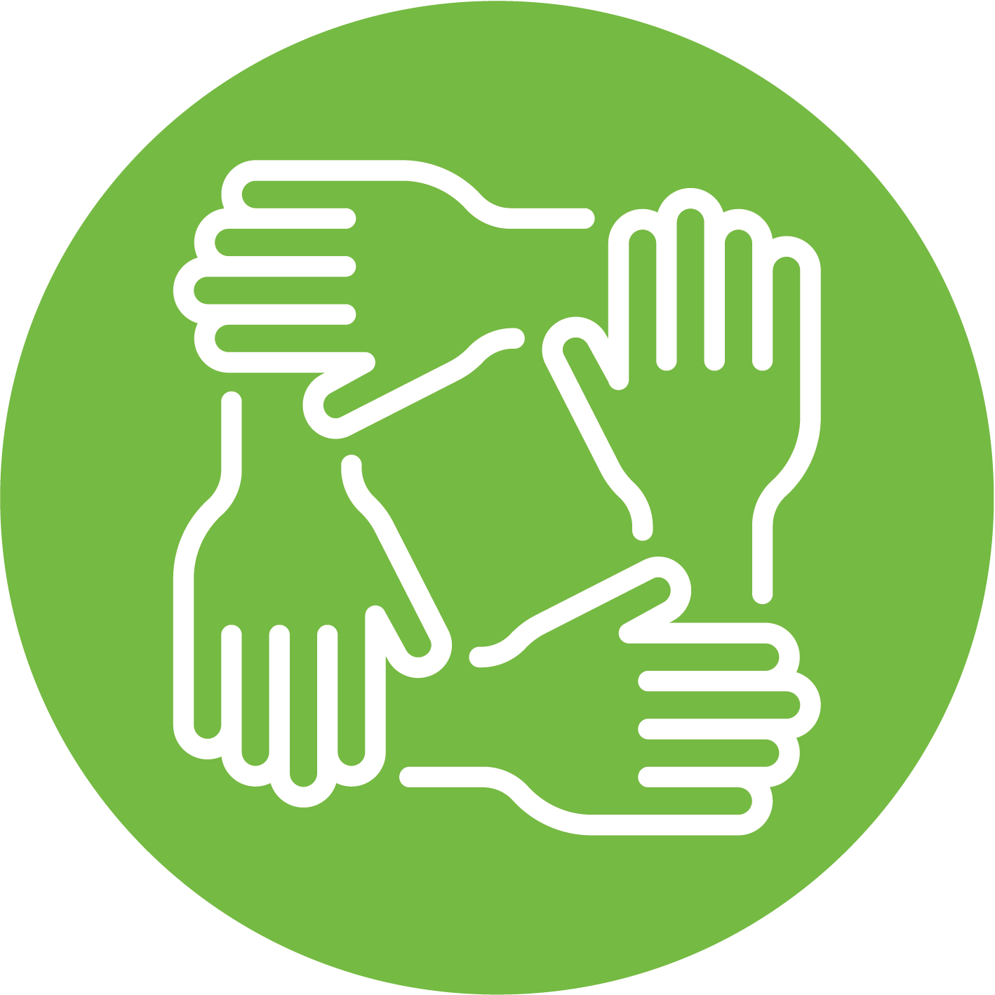 Icon of four white hands overlapping each other inside a green circle, symbolizing cooperation or teamwork.