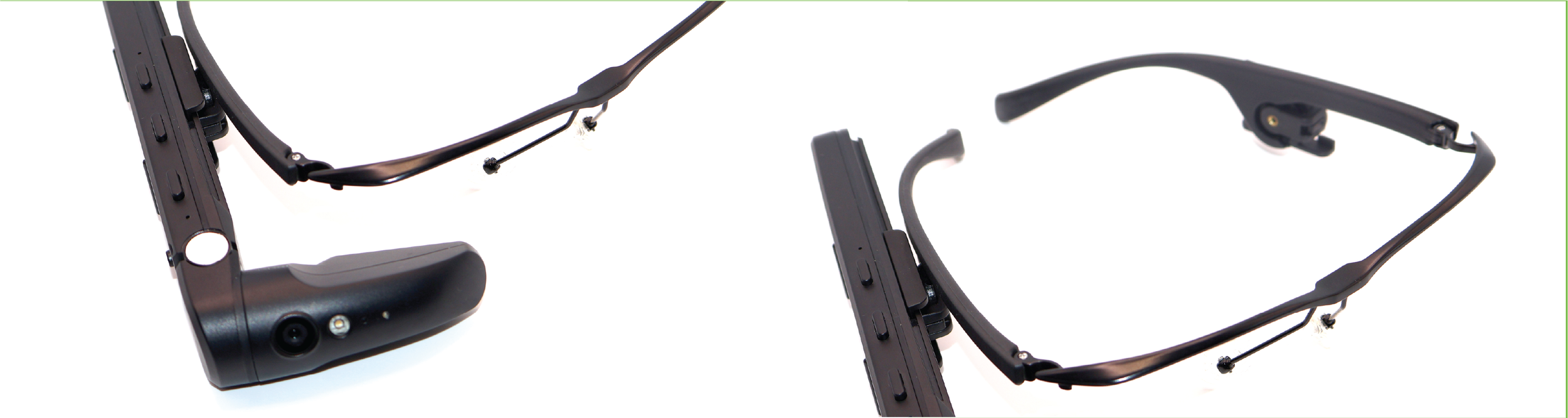 Pair of smart glasses with built-in camera on the front and a frame without lenses.