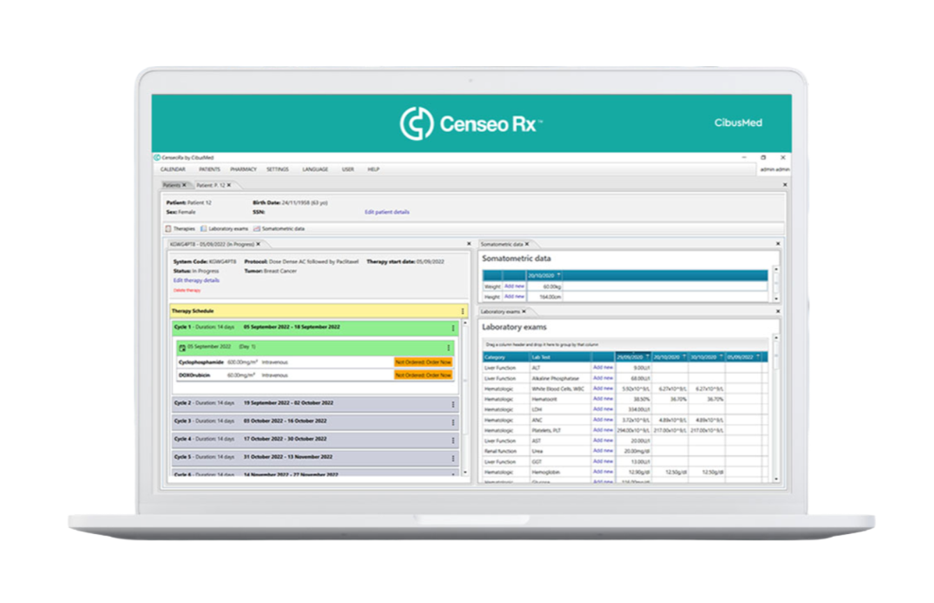 Laptop screen displaying the Censeo Rx medical software interface with various patient data, therapy schedules, laboratory exams, and treatment details.