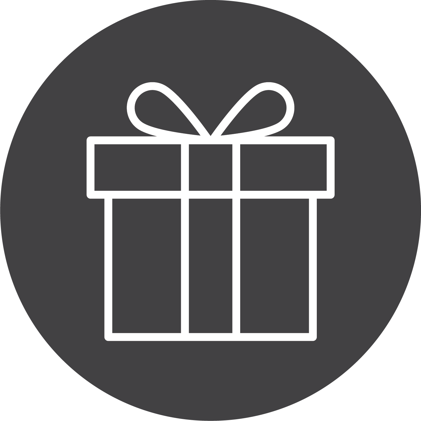 Outline of a gift box with a bow on top, centered on a dark circular background.