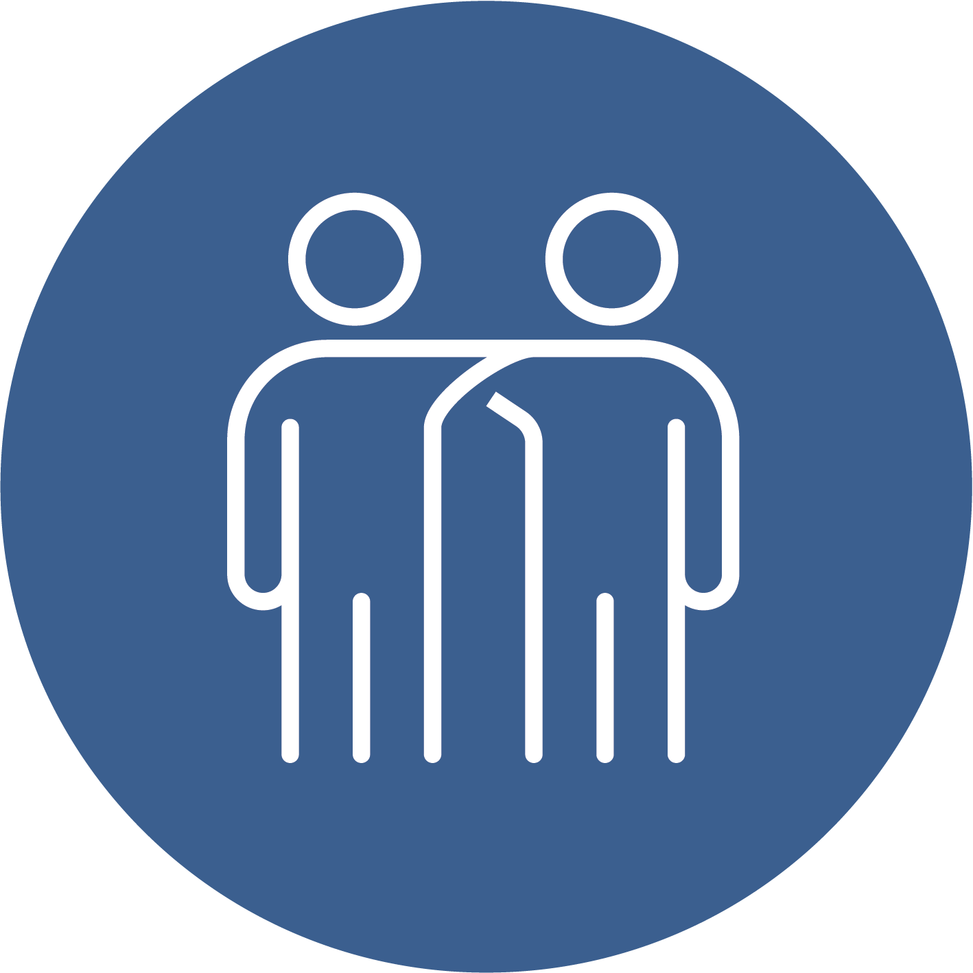 Icon of two people standing close together, outlined in white on a blue circular background.