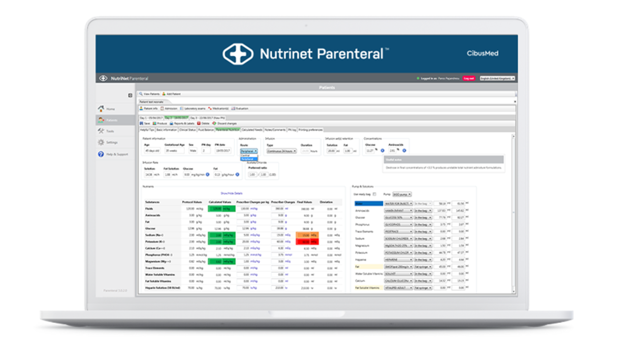 Laptop screen displaying the Nutrinet Parenteral software interface with various data tables and menus.