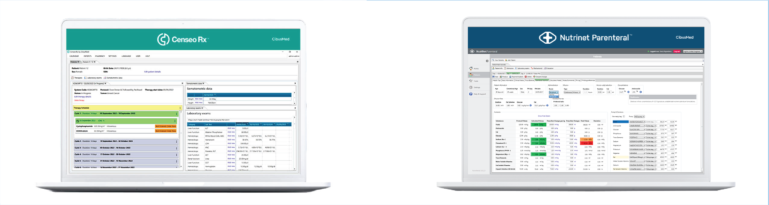 Two laptop screens displaying medical software interfaces, one green labeled 'Censeo Rx' and the other blue labeled 'Nutrinet Parenteral,' with detailed medical data and analysis.