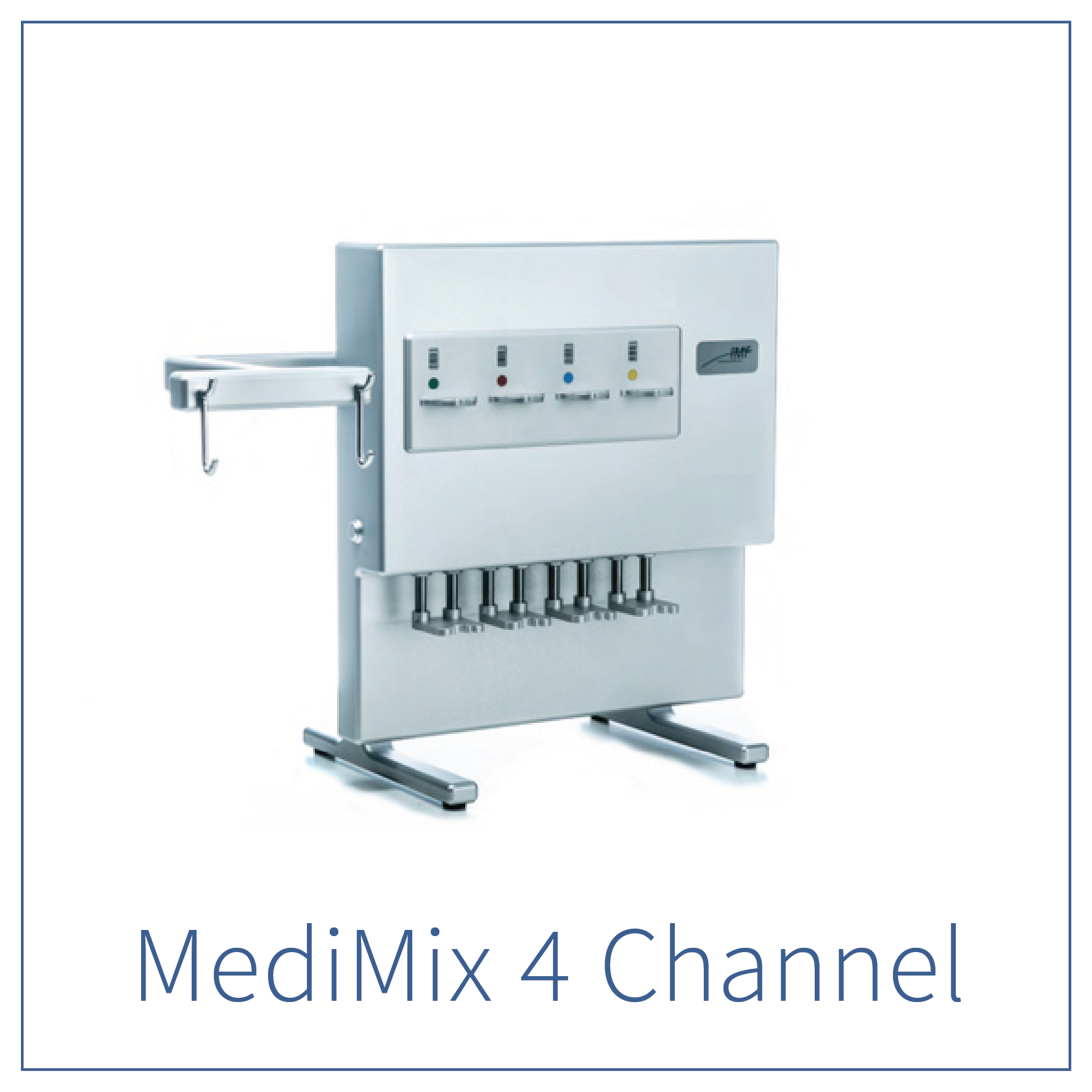 A medical device with multiple colored indicator lights and a control panel, featuring hooks and tubing attached to it, labeled 'MedixMix 4 Channel'.