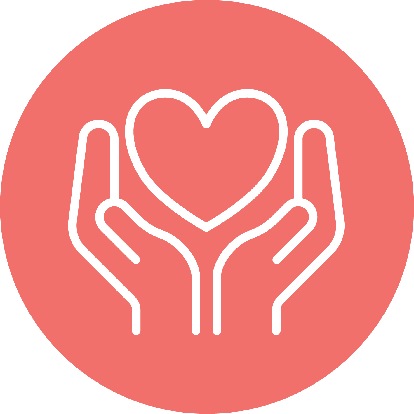 Outline of two hands holding a heart against a pink circular background.