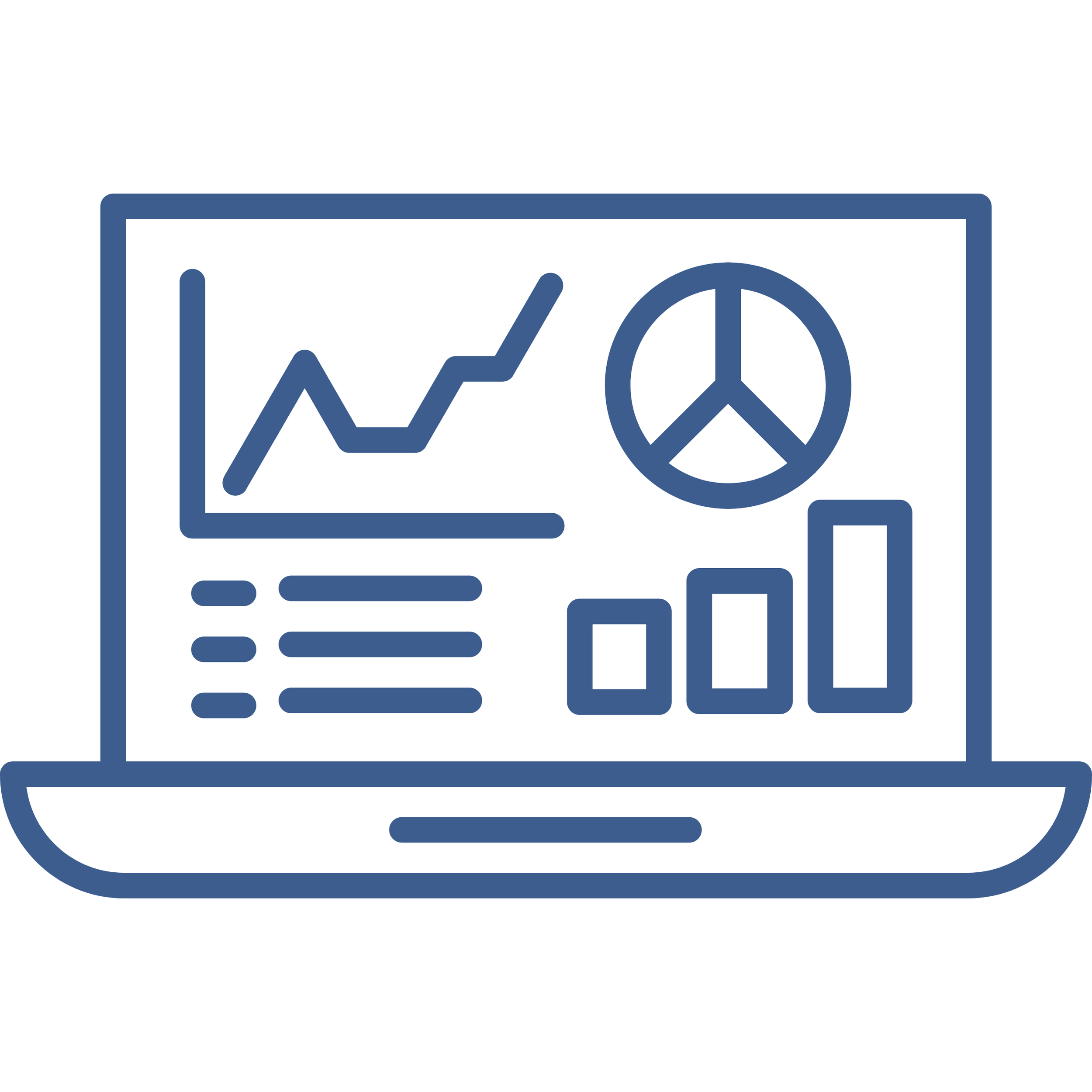 A stylized graphic of a computer monitor displaying a line graph, a pie chart, and a bar chart, all in dark blue.
