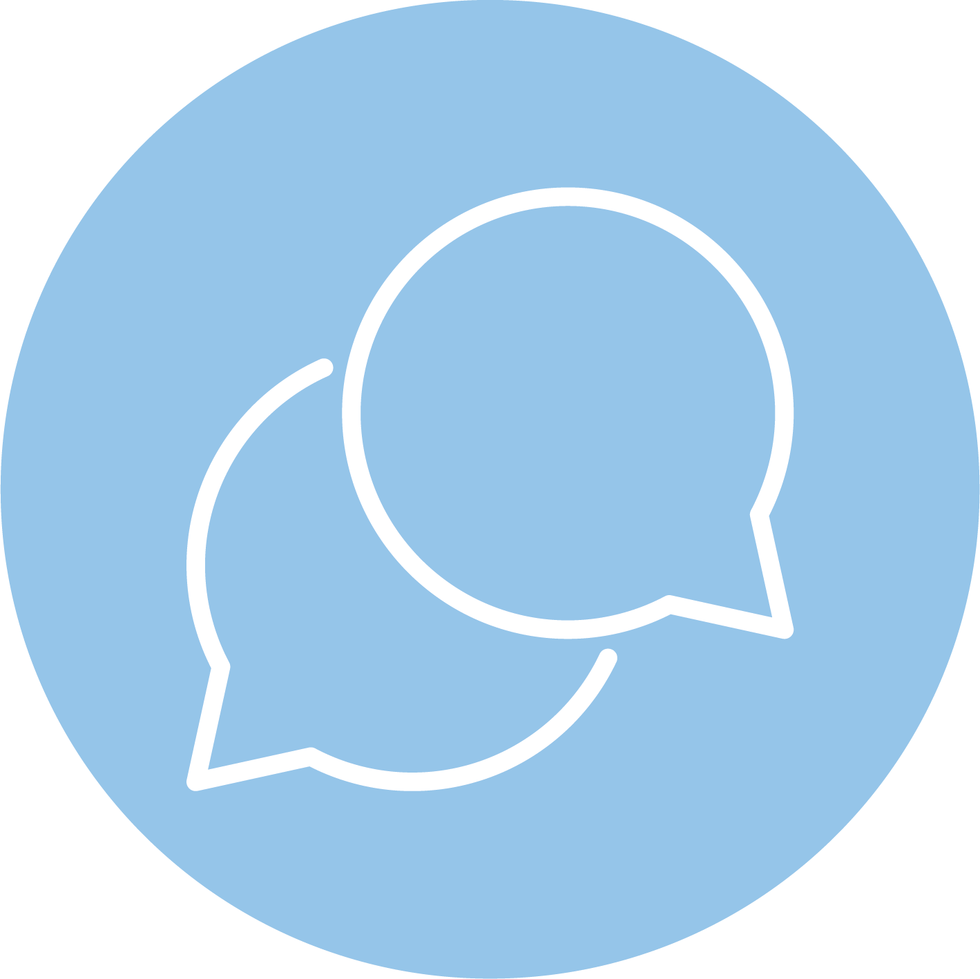 Blue circular icon featuring two overlapping white chat bubbles outlined in blue, representing messaging or communication.