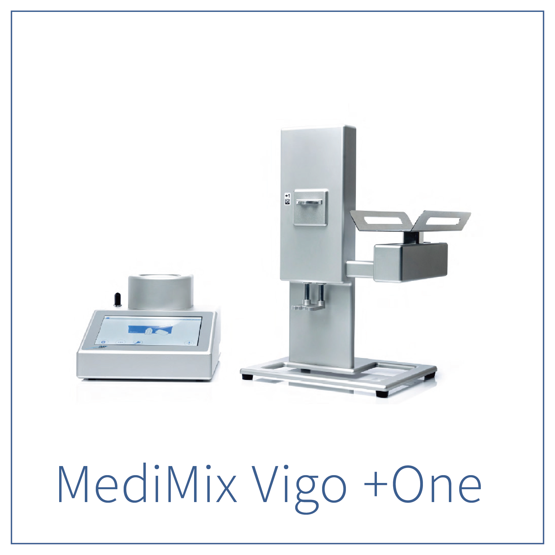 The image shows a medical VIGO +ONE device with a digital touch screen display and a metallic arm with a rectangular device attached, used for medical imaging or treatment, on a white background with partial text reading 'Med iMix Vigo +One'.