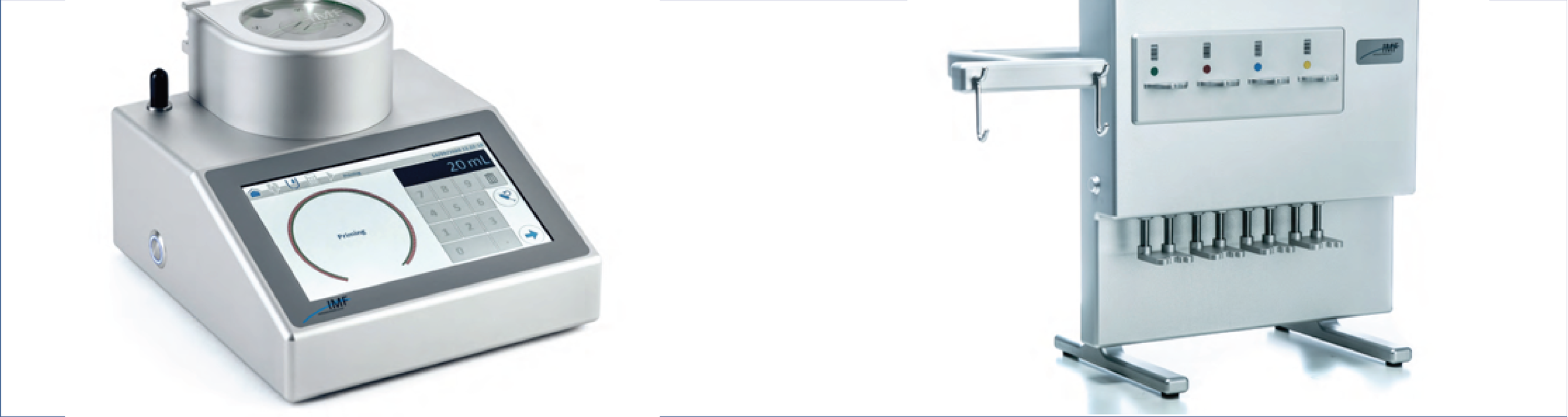 Two pieces of laboratory equipment: on the left, a digital dry bath with a circular heating element and a touchscreen display; on the right, an automated tissue processor with multiple fluid ports, a control panel, and a stand with hooks.