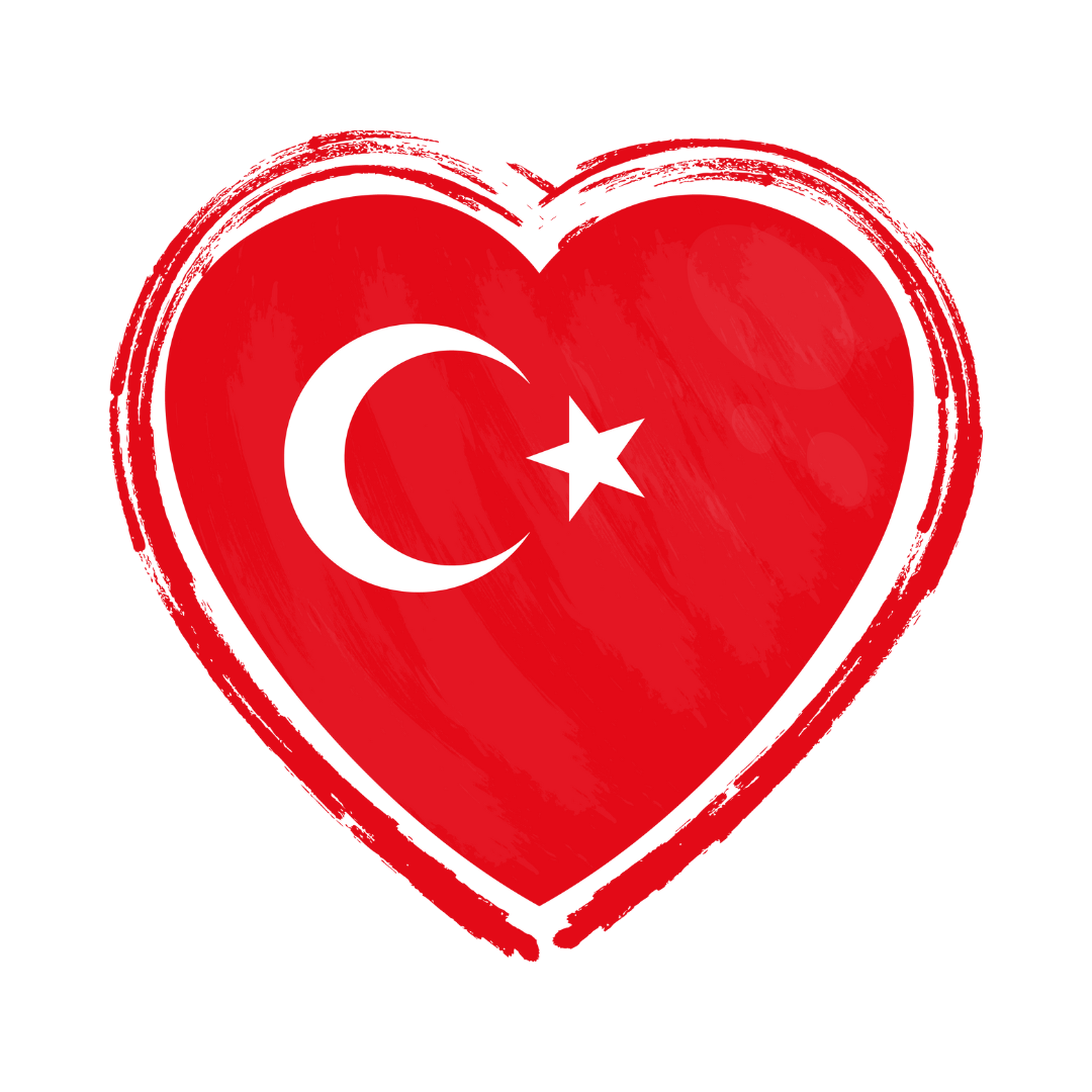 Red heart with the Turkish flag symbol, including a white crescent moon and star, painted with a brushstroke style.