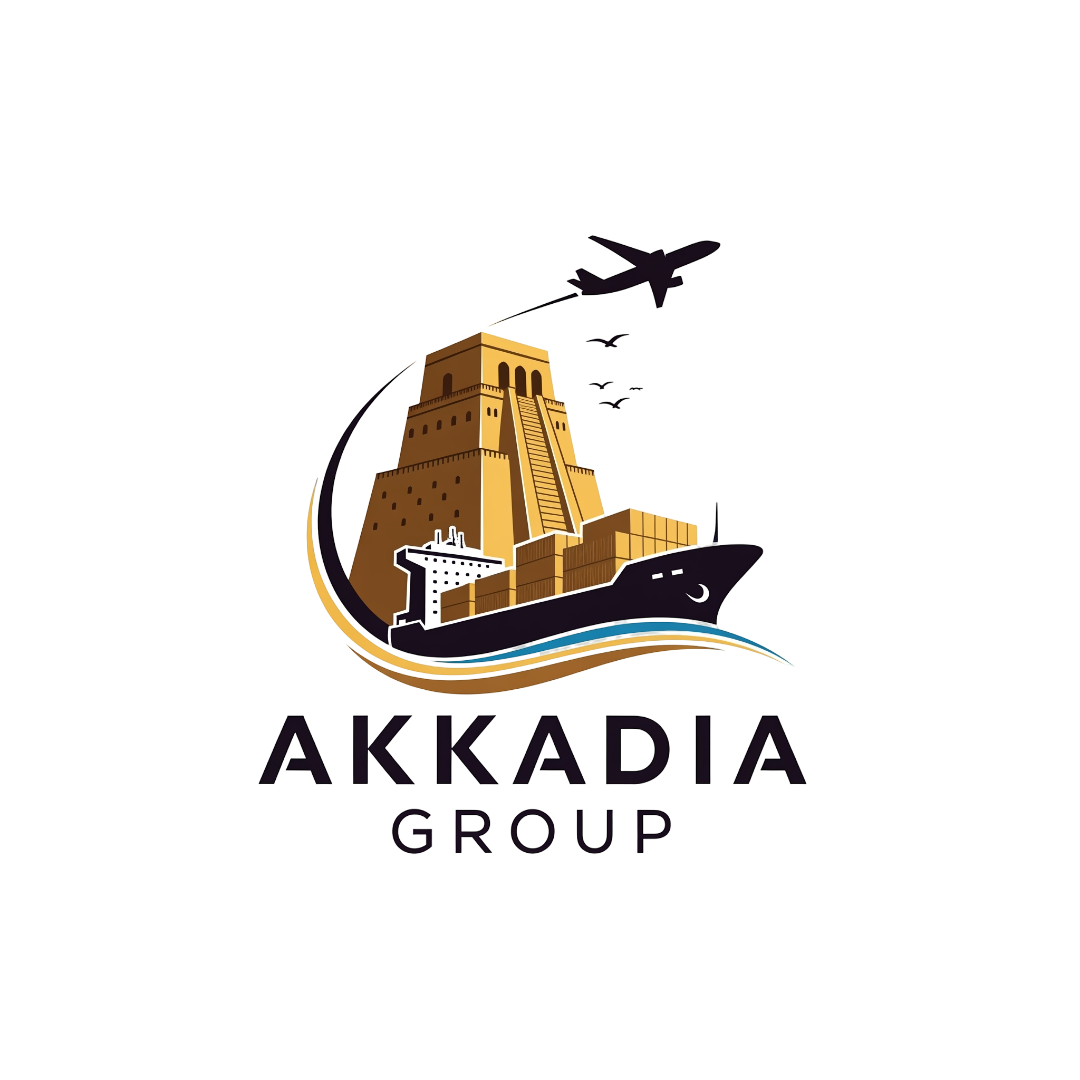 Logo of Akkadia Group featuring a sailing ship, a tower, and airplanes against a sunset background.