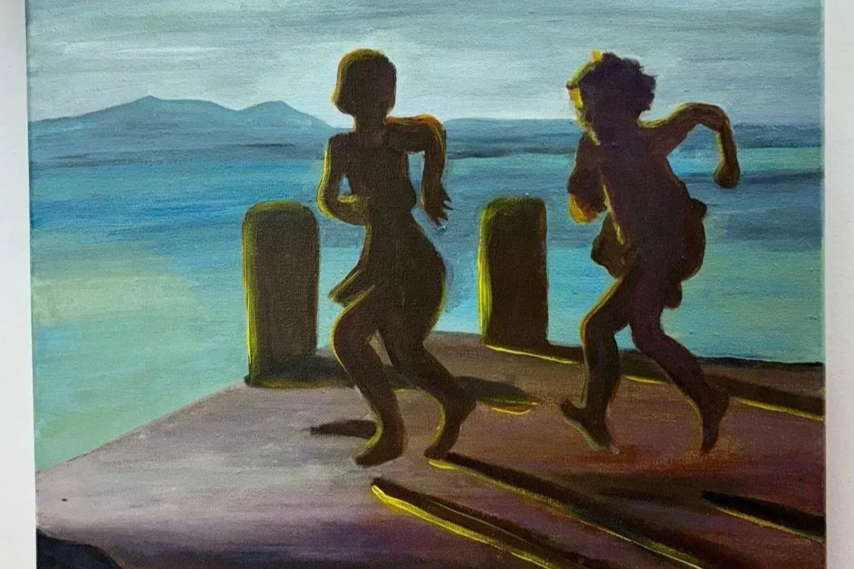 Silhouettes of two children dancing on a dock near the water with mountains in the background, painted in a colorful, abstract style.