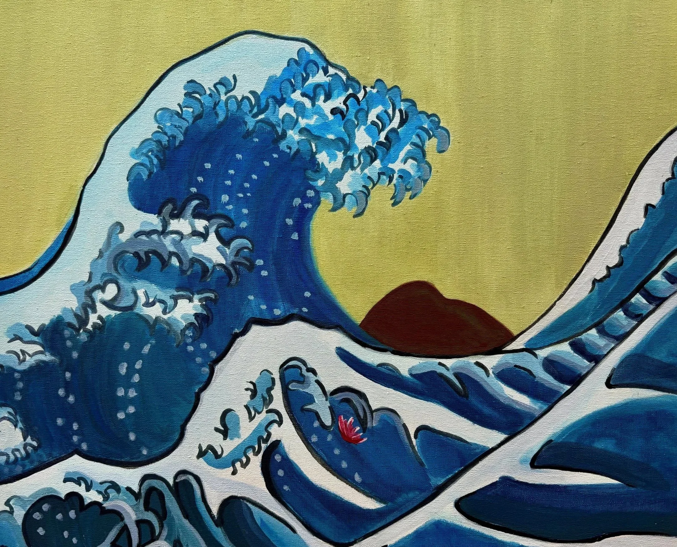 Close-up of a famous Japanese ukiyo-e woodblock print, depicting a large blue ocean wave with detailed foam, against a yellow background.